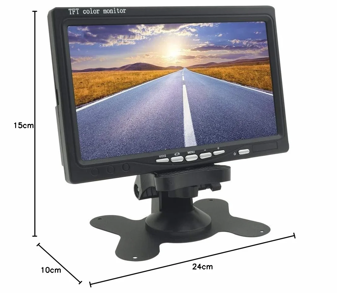 tempo di saldi Monitor 7 Pollici Portatile per Auto e Videosorveglianza - Schermo per Telecamere con Telecomando, 2 Ingressi AV, Alimentazione 12V e 220V, Mini Monitor LCD per Retrocamera con Staffa