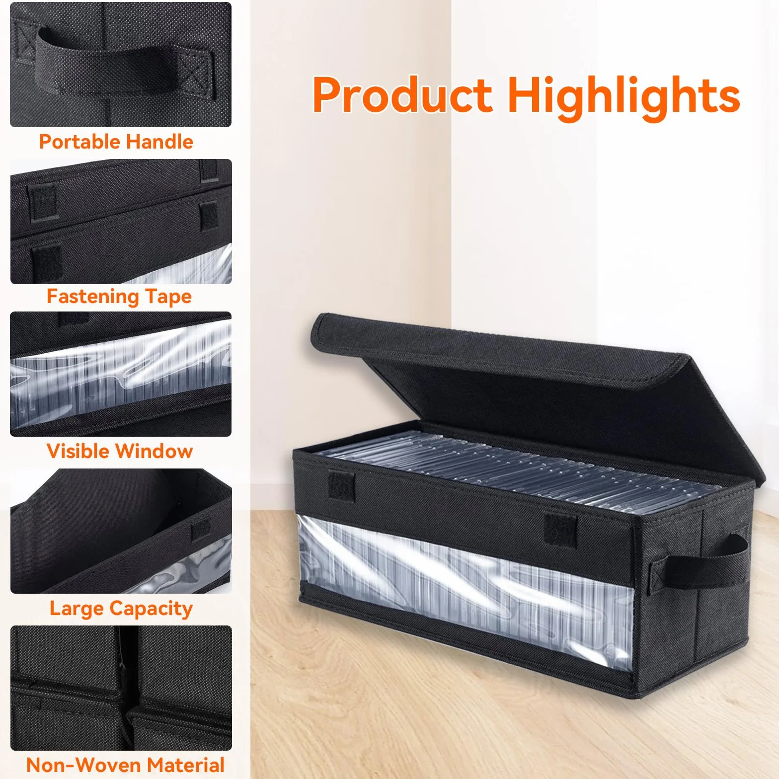 Scatola Porta CD con Coperchio,porta cd portatile Con finestra di visualizzazione,Contenitori Impilabili con Coperchio Pieghevole per 32 CD per Casa e Auto, Nero
