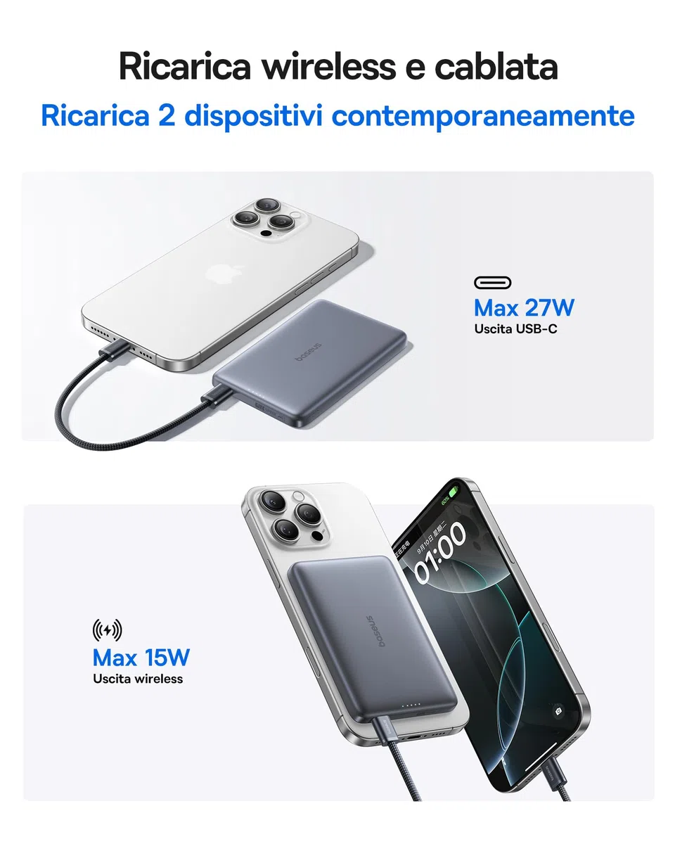 Baseus Picogo AM41 Power Bank, 10000mAh Qi2 Magsafe Powerbank 15W Wireless, Ultra Slim, Ricarica Rapida PD 27W, Magnetico Batteria Esterna per iPhone 17/16/15/14/13/12, Grigio