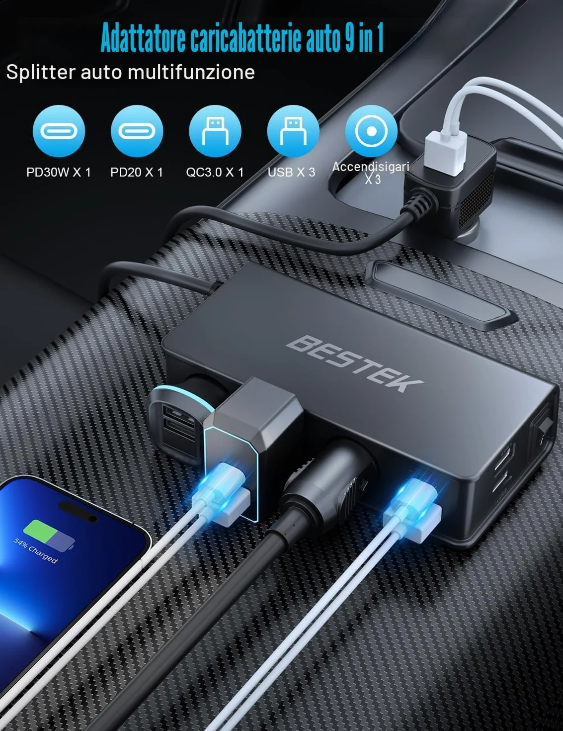 BESTEK Caricatore Auto USB-C PD USB QC3.0 Caricabatterie da Auto 148W, 9 in 1 Adattatore per Accendisigari 12V/24V con 3 Prese & 6 Porte con Display LED per iPhone Dash Cam