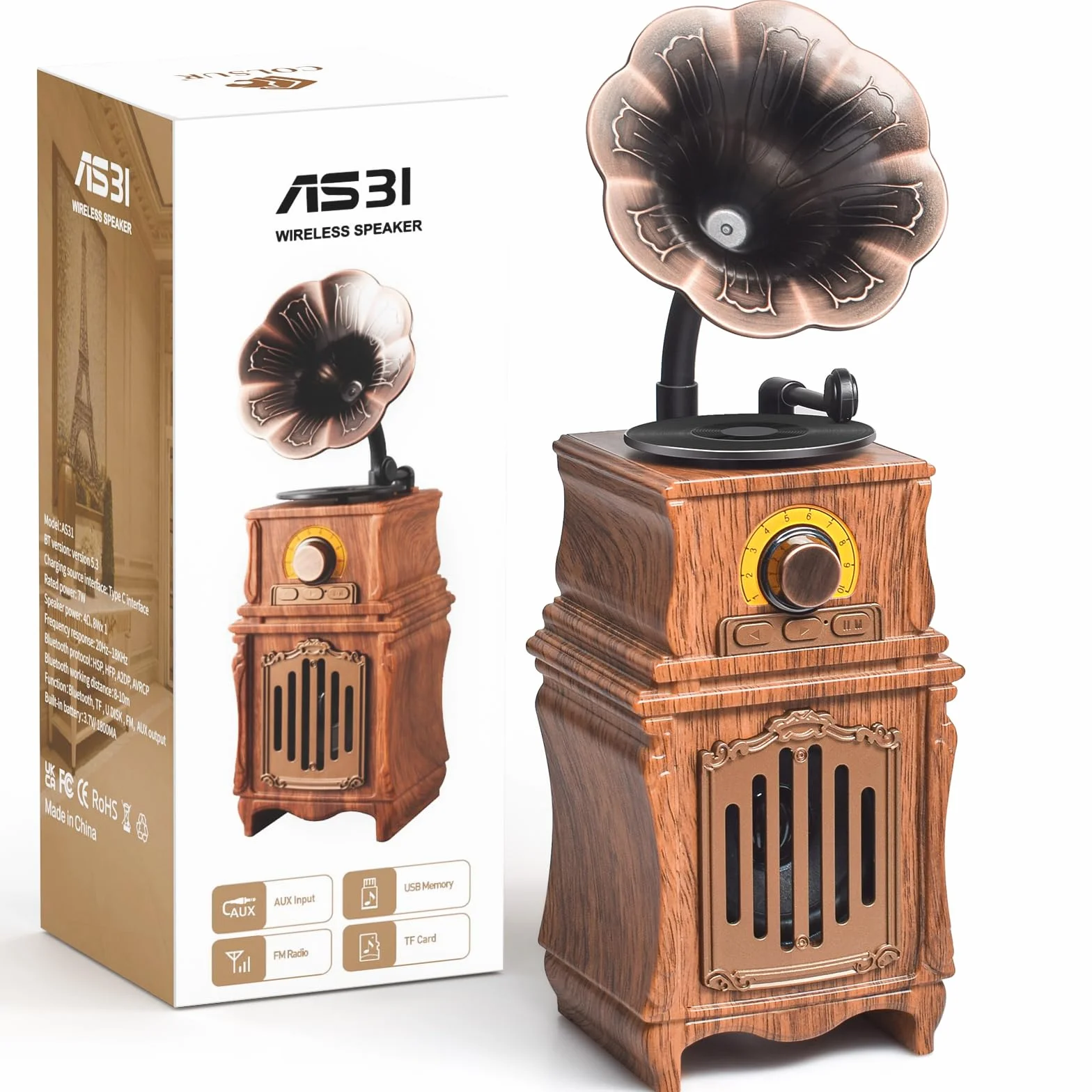 COLSUR Radio Portatile Vintage Retro Legno AM FM Bluetooth 5.3 1800mAh Altoparlante Ricaricabile TF/USB/AUX