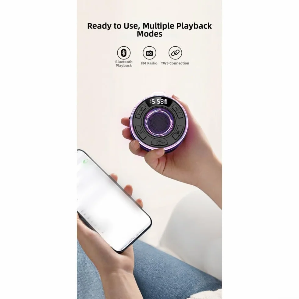 Altoparlante impermeabile IPX7 per doccia suono surround 360° luci RGB radio FM ventosa rimovibile nero