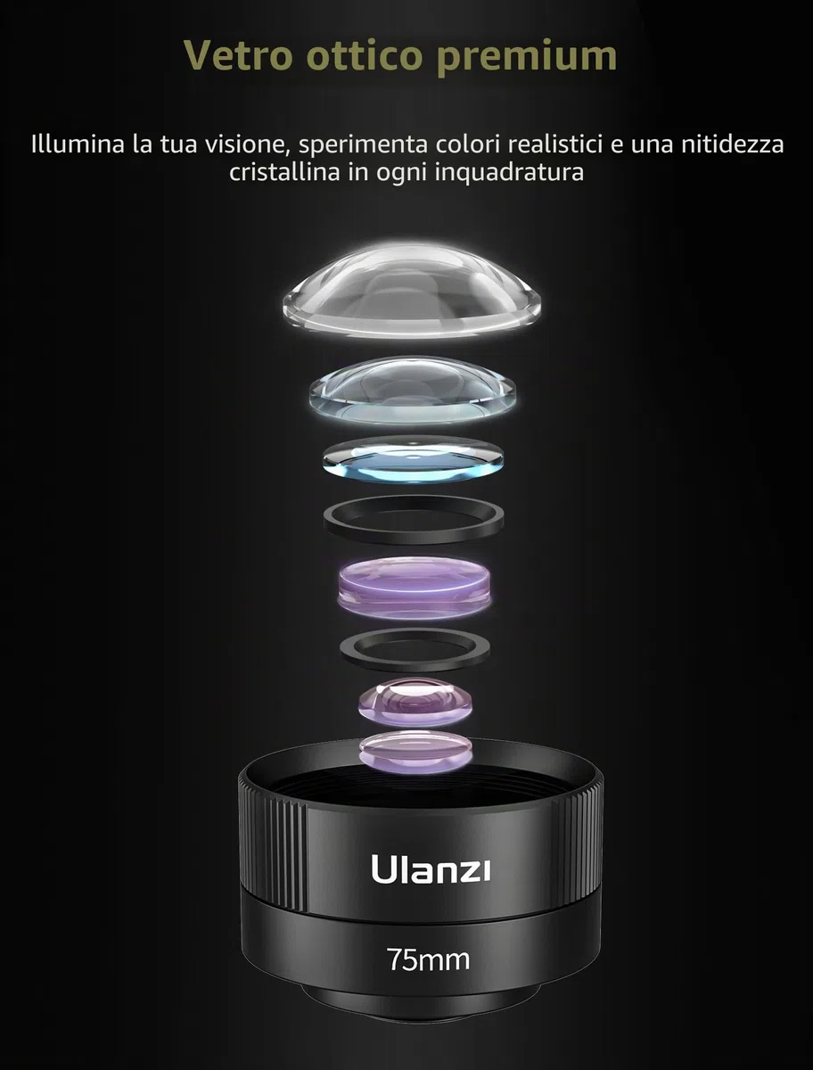 Ulanzi CL-003 Obiettivo Macro del Telefono Cellulare 75 Mm, Ingrandimento 110x Hd, Set Di Obiettivi per Fotocamera con Clip Da 17 mm compatibile con Iphone, Samsung E Xiaomi