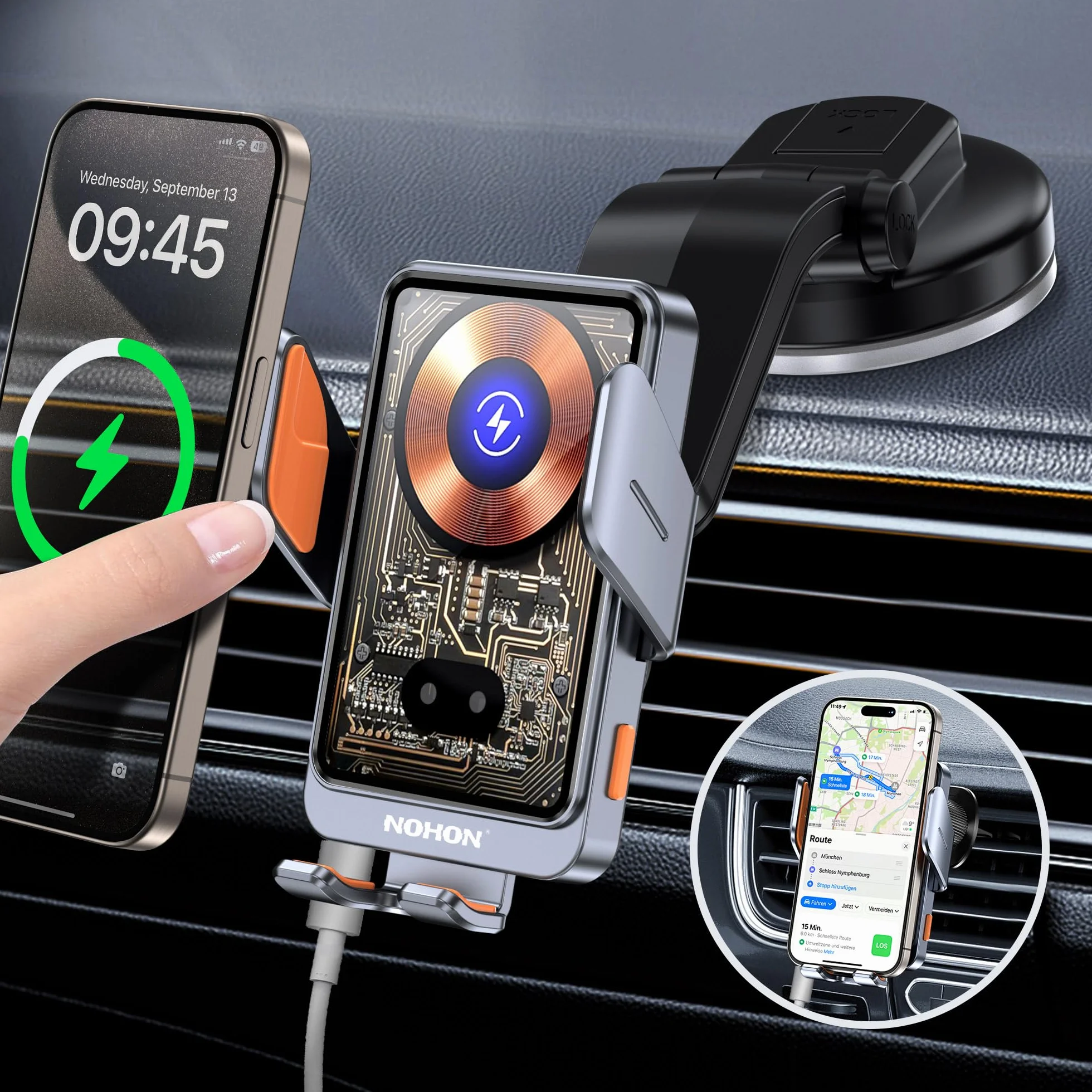 NOHON 15W Qi Caricatore Wireless Auto：Supporto Telefono Auto con Clip Ventosa per iPhone 17 16 15 14 13 12,Samsung,Xiaomi,360° Rotazione Auto-Bloccaggio Porta Cellulare Ricarica Wireless Auto