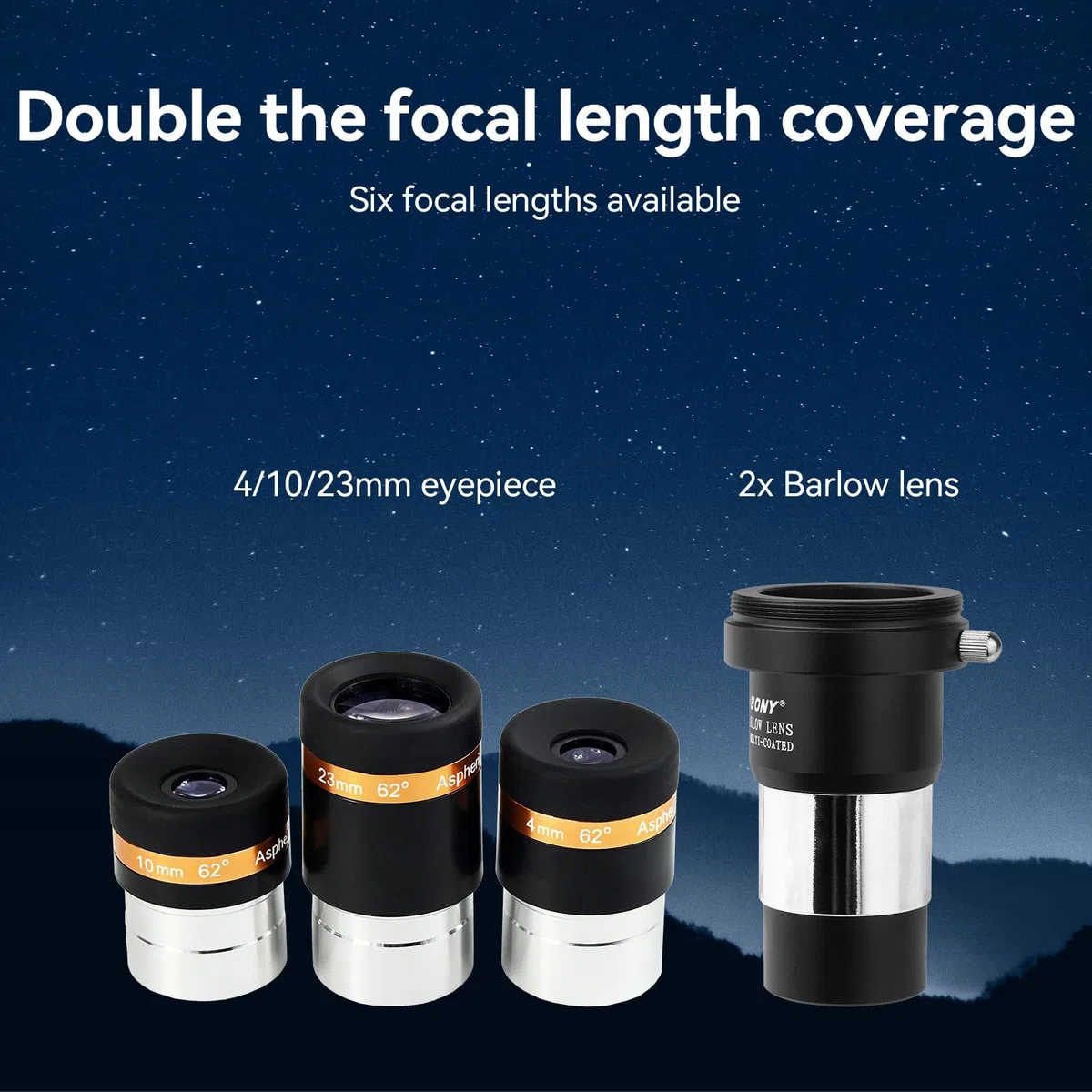 Svbony Oculare Set con Barlow Lente 2x, 4mm 10mm 23mm 62 gradi Grandangolo Planetario Oculare Kit e Barlow in metallo, 1,25 pollici Lente FMC per Osservazioni di Galassie Planetarie Lunari