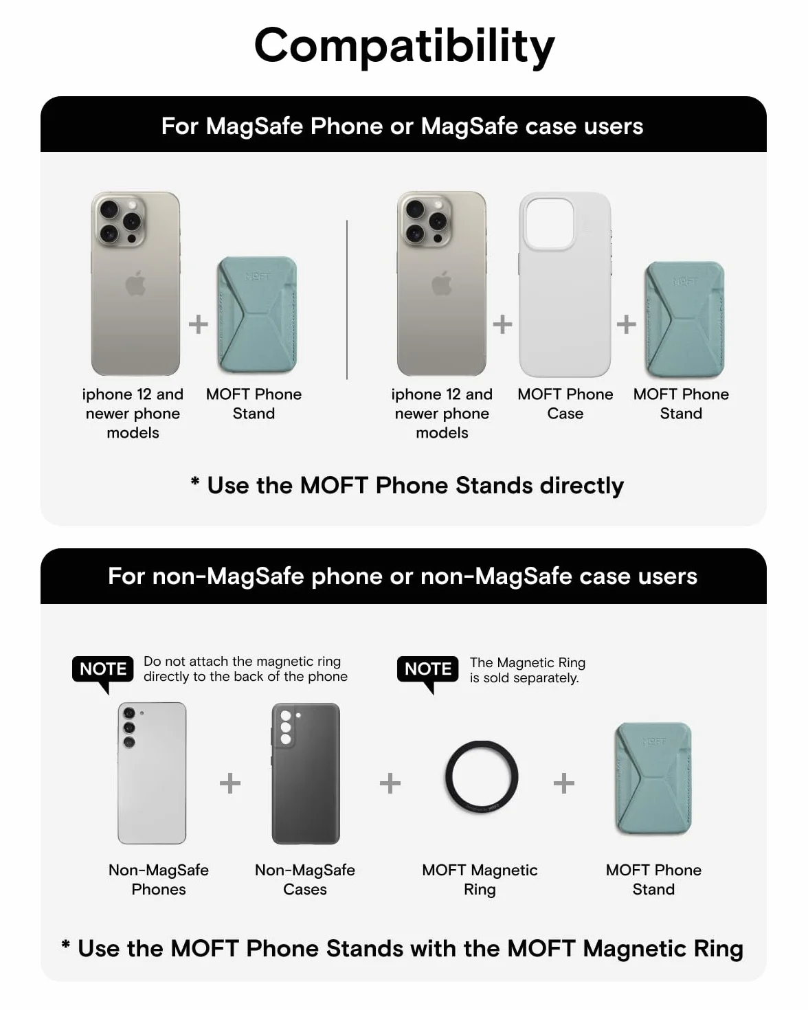 MOFT MagSafe Portafoglio Supporto per iPhone Serie 16/15/14/13 Compatibile con MagSafe, MOVAS Pelle Vegana Supporto Magnetico per Telefono con 3 Angoli di Visione, 2 Porta Carte (Nero Jet)