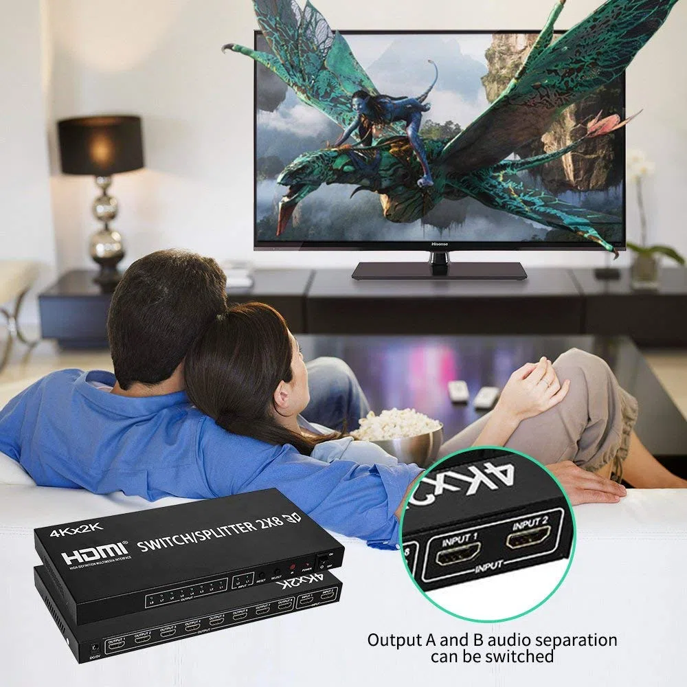 2X8 HDMI Splitter, Full HD 4K Video HDMI Switcher 2x8 Split 2 in 8 out Dual Screen per PS3 Xbox PC a HDTV Monitor Proiettore con alimentazione