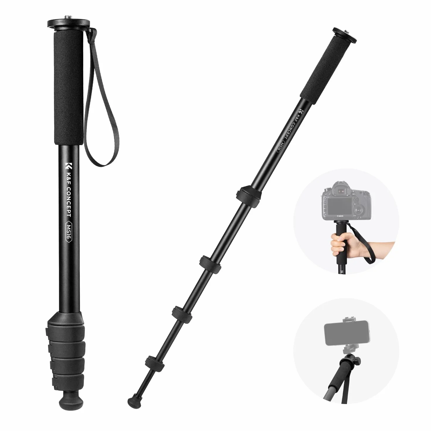 K&F Concept Monopiede Fotocamera 160cm, Bastone Selfie Multifunzionale per Gopro DSLR con Cavo anti-Perdita, Bastone da Passeggio estensibile con bussola, Carico Max 10kg, Peso 0,33kg - MS16