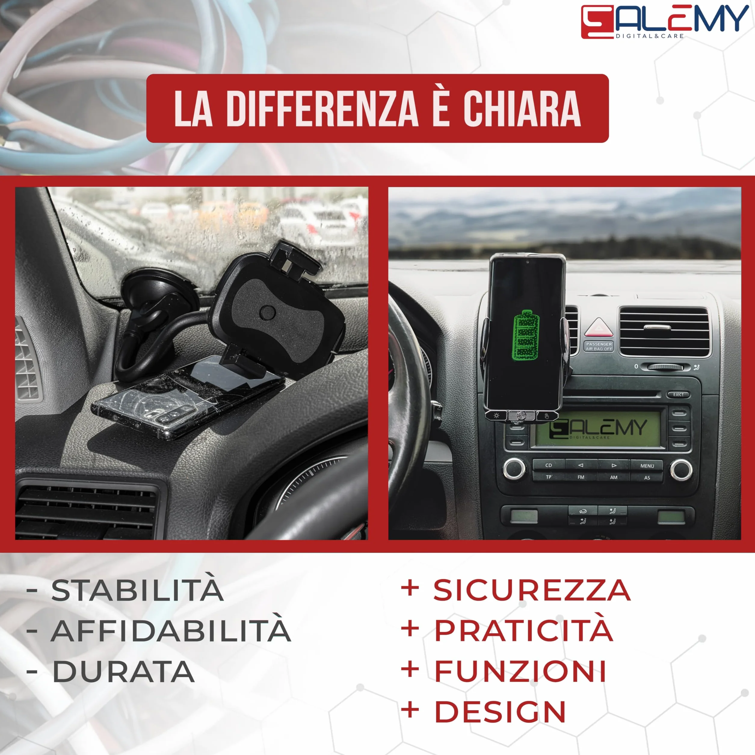 ALEMY DIGITAL Caricatore Wireless Auto, Porta Cellulare Auto, Supporto Telefono Per Auto Universale Con Ricarica e Auto Bloccaggio Con Rotazione Di 360°