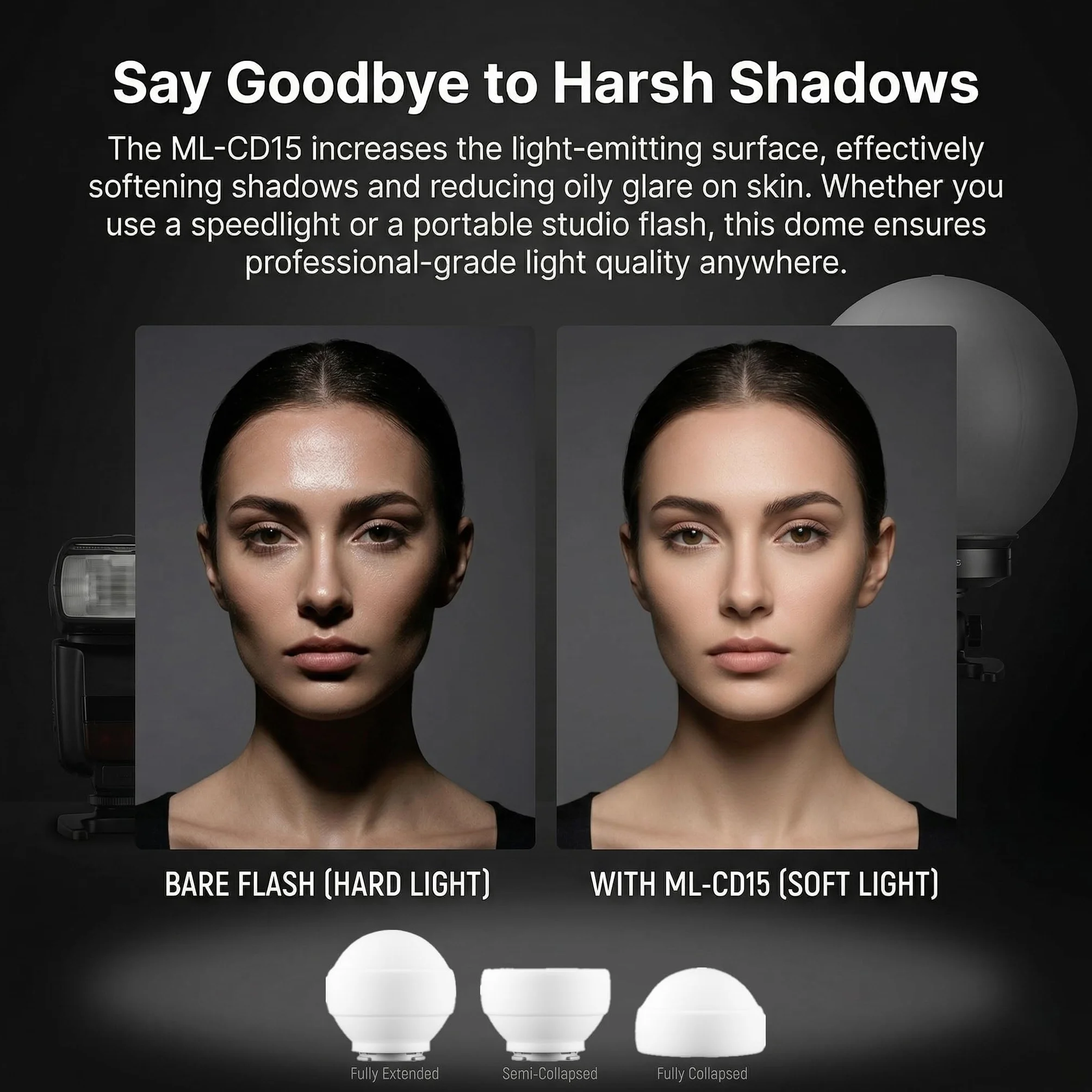 Godox ML-CD15 Soft Dome Diffuser Kit con 3 Adattatori, compatibile con Godox V100, V1 Pro, AD200Pro II, AD100Pro, AD300Pro, AD400Pro, V860III, ML30, ML30Bi, ML100Bi, ML100R, ML60Bi, ML60IIBi e altro