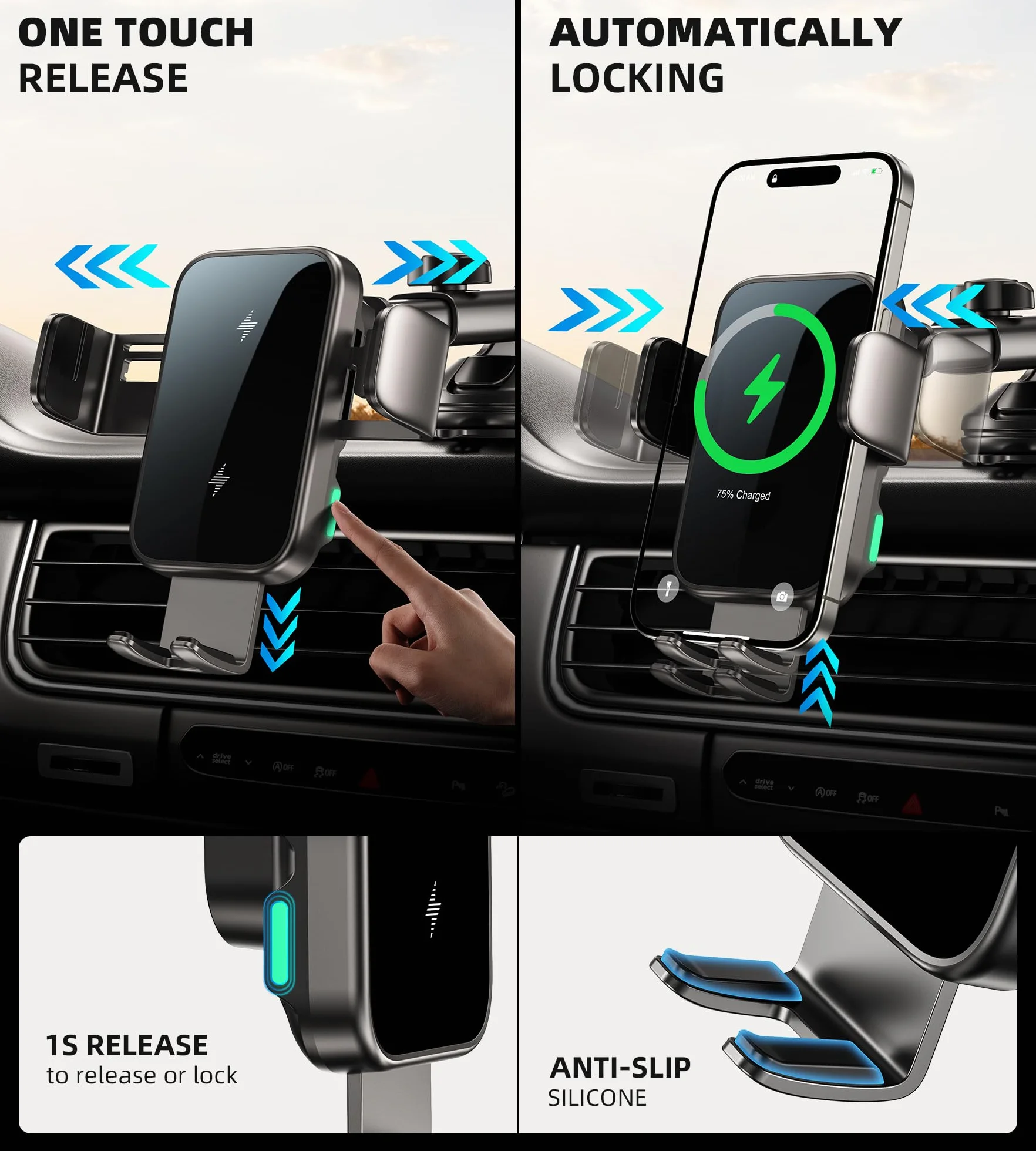 Caricatore Wireless,15W Supporto per Telefono Auto con Ricarica Wireless,Caricabatterie Da Senza Fili,Doppia Bobina,Supporto Di Ricarica Per Auto Per Samsung Galaxy,i-Phone Series (X6)
