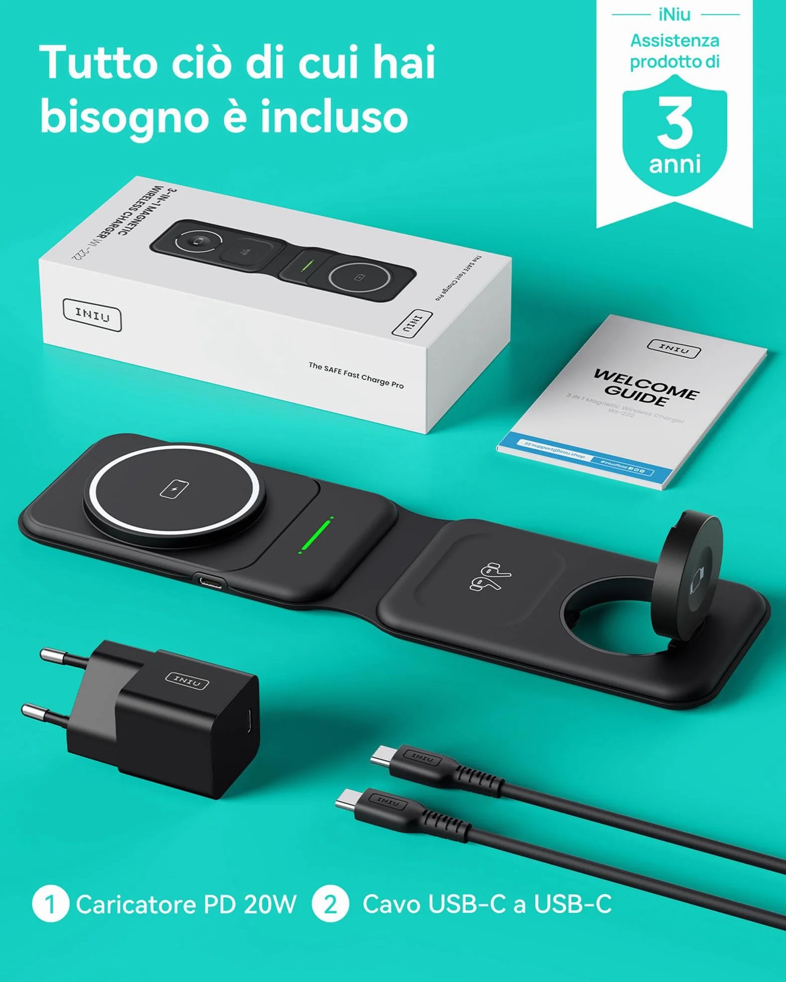 INIU Caricatore Wireless iPhone, Magnetic 3 in 1 Base Ricarica Certificato Qi, Da viaggio Caricabatterie Wireless Universale per iPhone 16 15 14 13 12 Apple Watch 8 7 Ultra AirPods 4 3 Pro ecc.