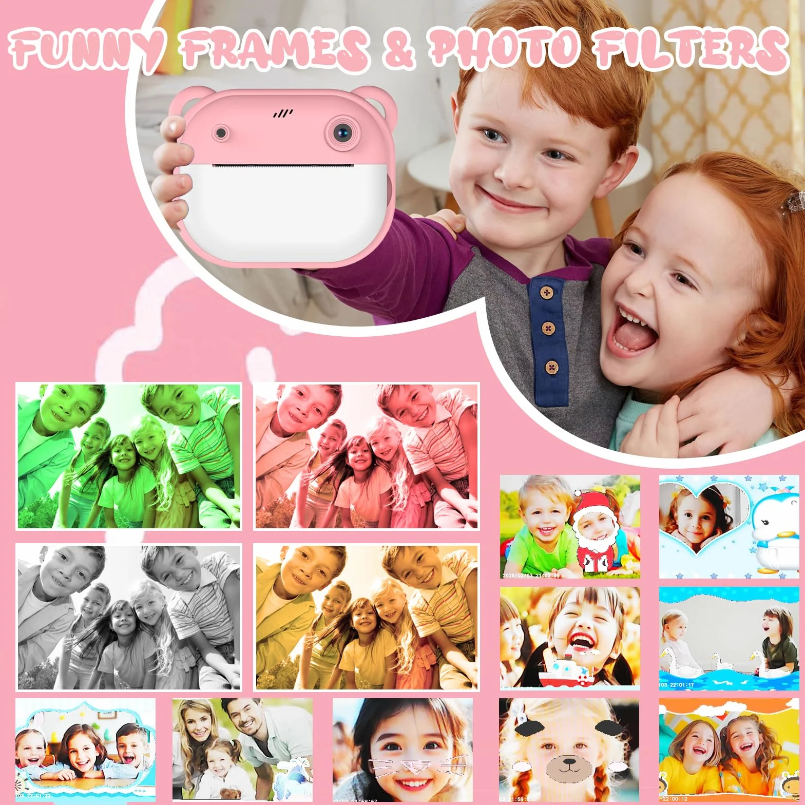 Macchina Fotografica Bambini Istantanea, Fotocamera Digitale con Carta da Stampa e Scheda TF da 32 G, Penne Colora, Regalo Natale Bambino e Bambina 3-14 Anni (Rosa)