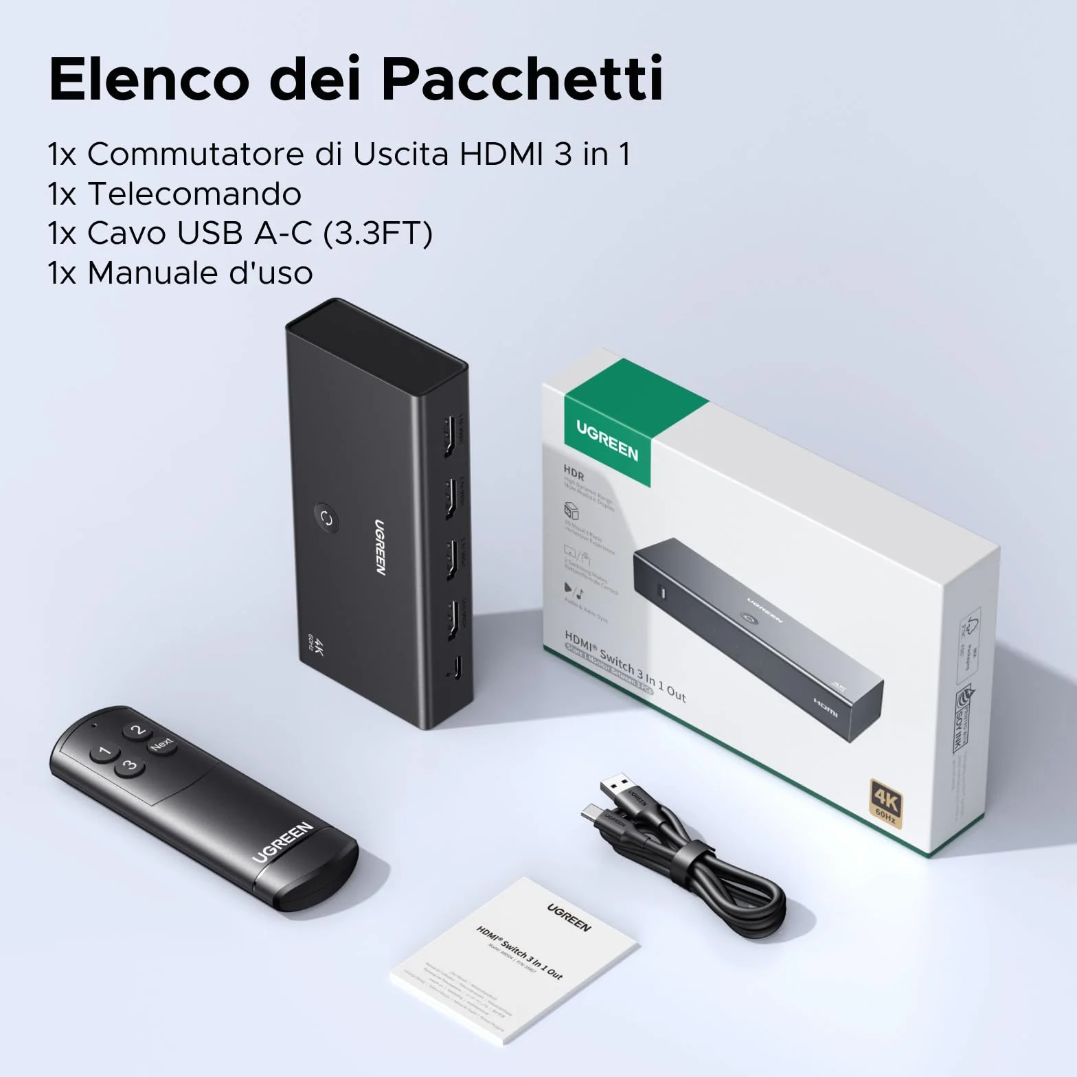 UGREEN Switch HDMI 4K 60Hz 3 In 1 Out Switcher 1080P UHD Dolby Atmos con Telecomando per PS5 PS4 Xbox PC TV