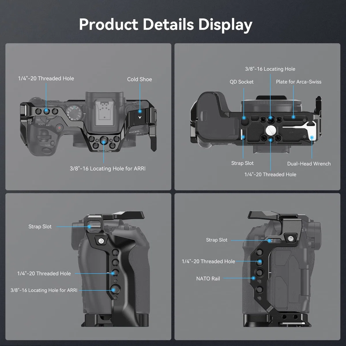 SMALLRIG Cage per Canon R8, Camera Cage con Fori Filettati da 1/4"-20, Fori di Posizionamento da 3/8"-16 per ARRI, Cold Shoe Integrato, Porta QD e Guida NATO - 4212