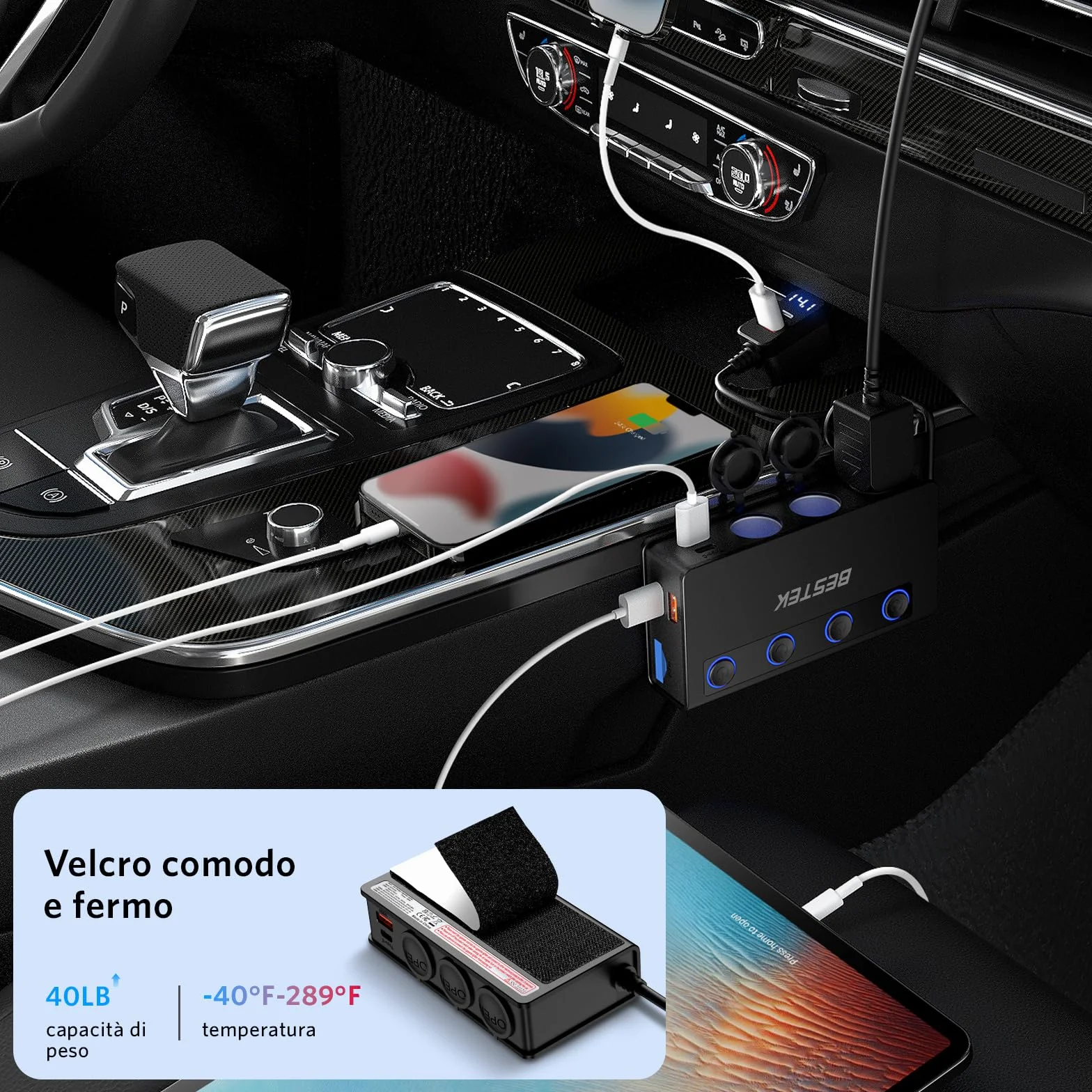 BESTEK Caricabatterie da Auto 180W, Caricatore da Auto USB-C PD USB QC3.0, Adattatore per Accendisigari 12V/24V con 3 Prese & 6 Porte con Display LED per iPhone Dash Cam
