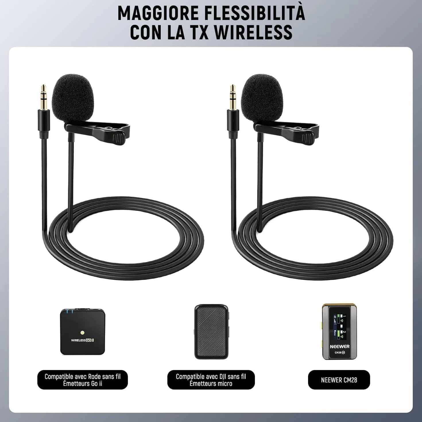 NEEWER Confezione da 2 microfoni Lavalier da bavero Compatibile con DJI Rode Wireless GO II Wireless Pro microfono wireless, 3,5 mm TRS omnidirezionale a condensatore cablato con clip per YouTube Live
