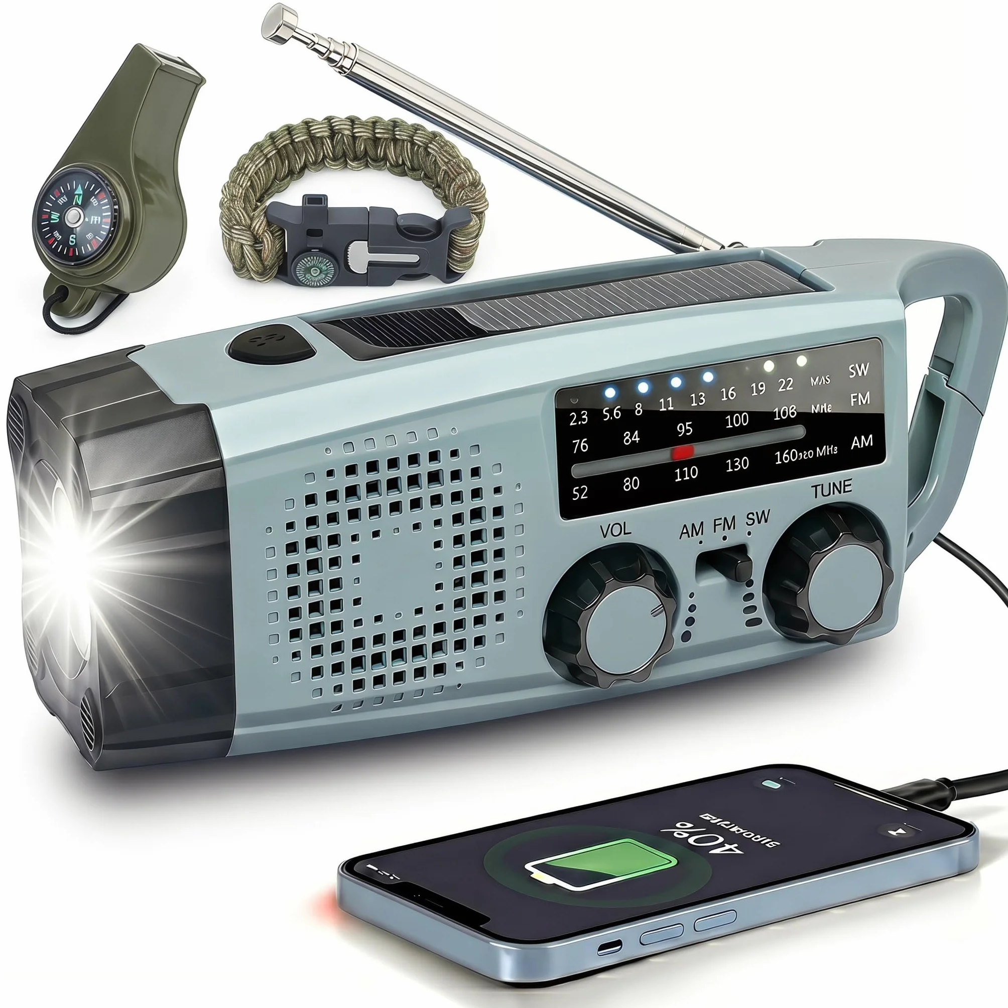 Survival Radio con Powerbank 2000mAh, Radio a Manovella e Solare, Radio AM/FM con Allarme SOS e Torcia, per Blackout, Sopravvivenza Outdoor, Campeggio, Auto, Colore: Grigio-Blu