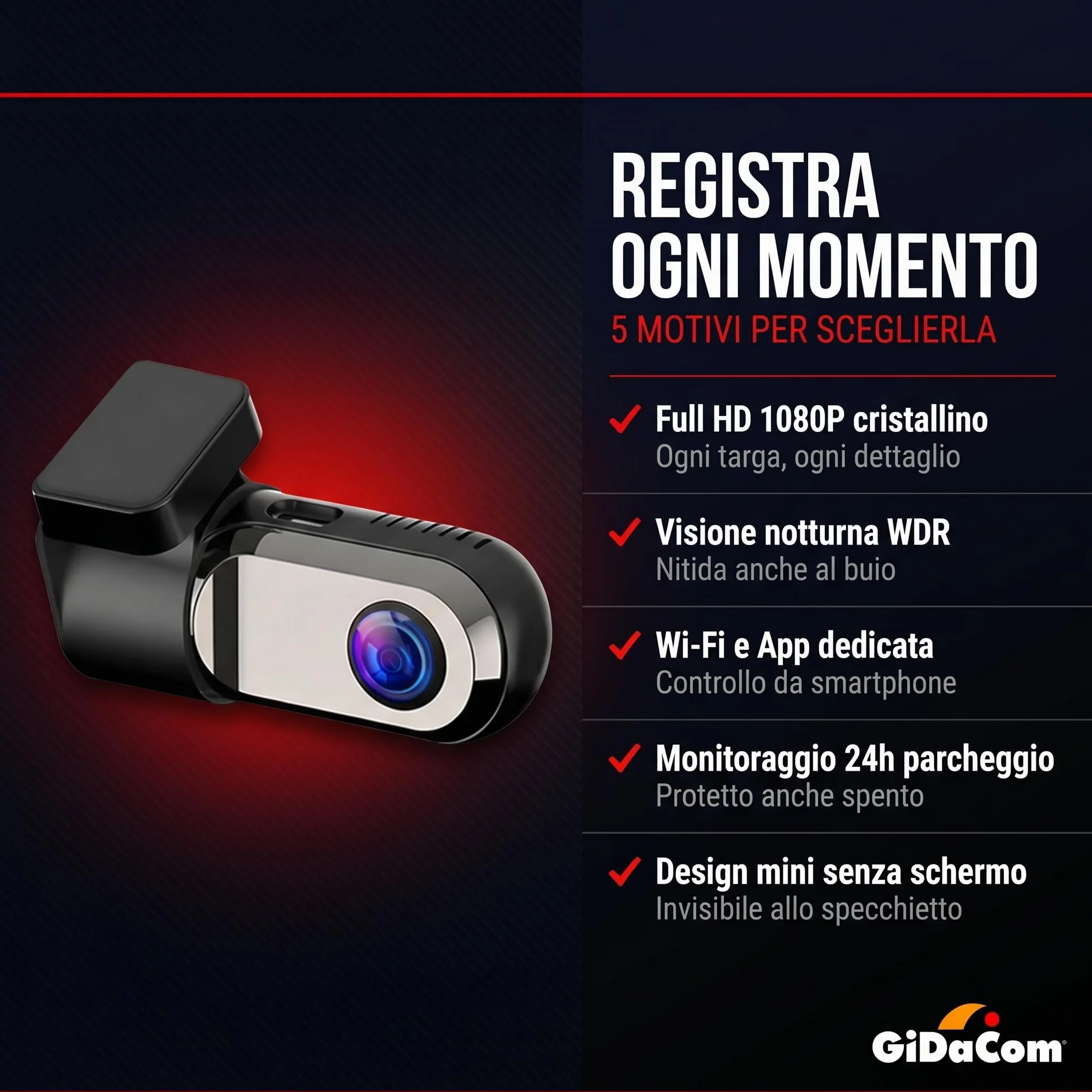 Dash Cam Auto mini Full HD 1080P – Videocamera Auto Grandangolare 120° con Visione Notturna, Monitoraggio Parcheggio 24h, Sensore G, Registrazione in Loop – Senza Schermo visione su cellulare