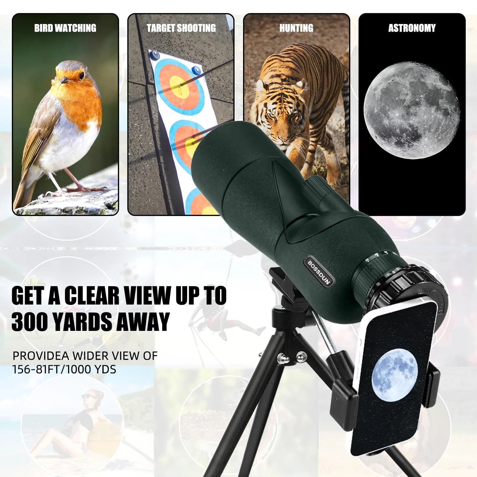 Cannocchiale con Treppiede, Borsa per il Trasporto e Adattatore per Smartphone - Cannocchiale Monoculare Impermeabile per Birdwatching, Tiro a segno, Tiro con Arco, Caccia (75G)
