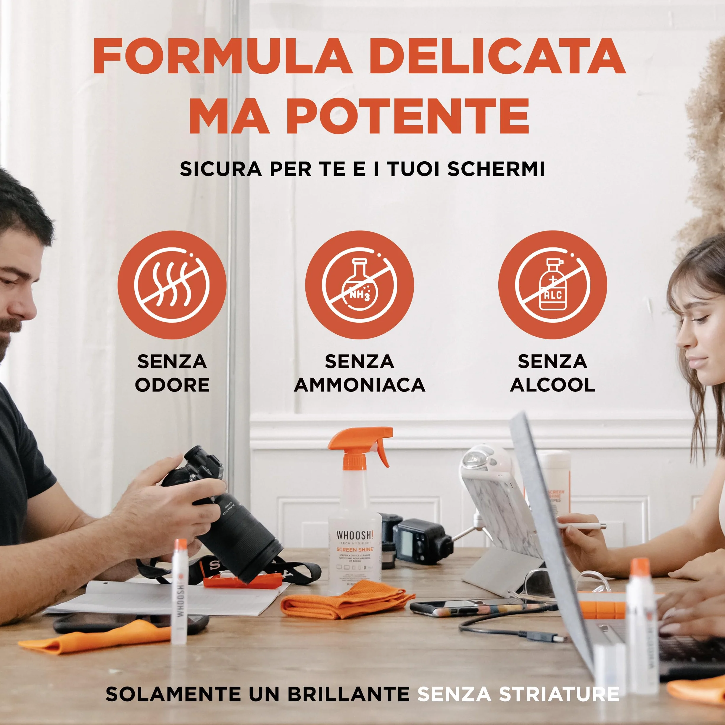 WHOOSH! Screen Shine Pro Spray 500 ml Pulizia Schermo TV OLED Detergente Ricaricabile Senza Aloni Kit Panno Microfibra