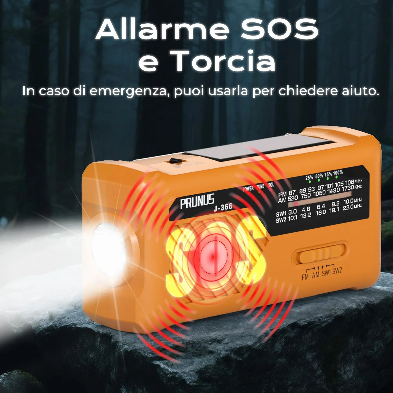 PRUNUS J-366 Radio Portatile Emergenza FM AM SW, 2000 mAh Power Bank con Allarme SOS e Torcia (Giallo)