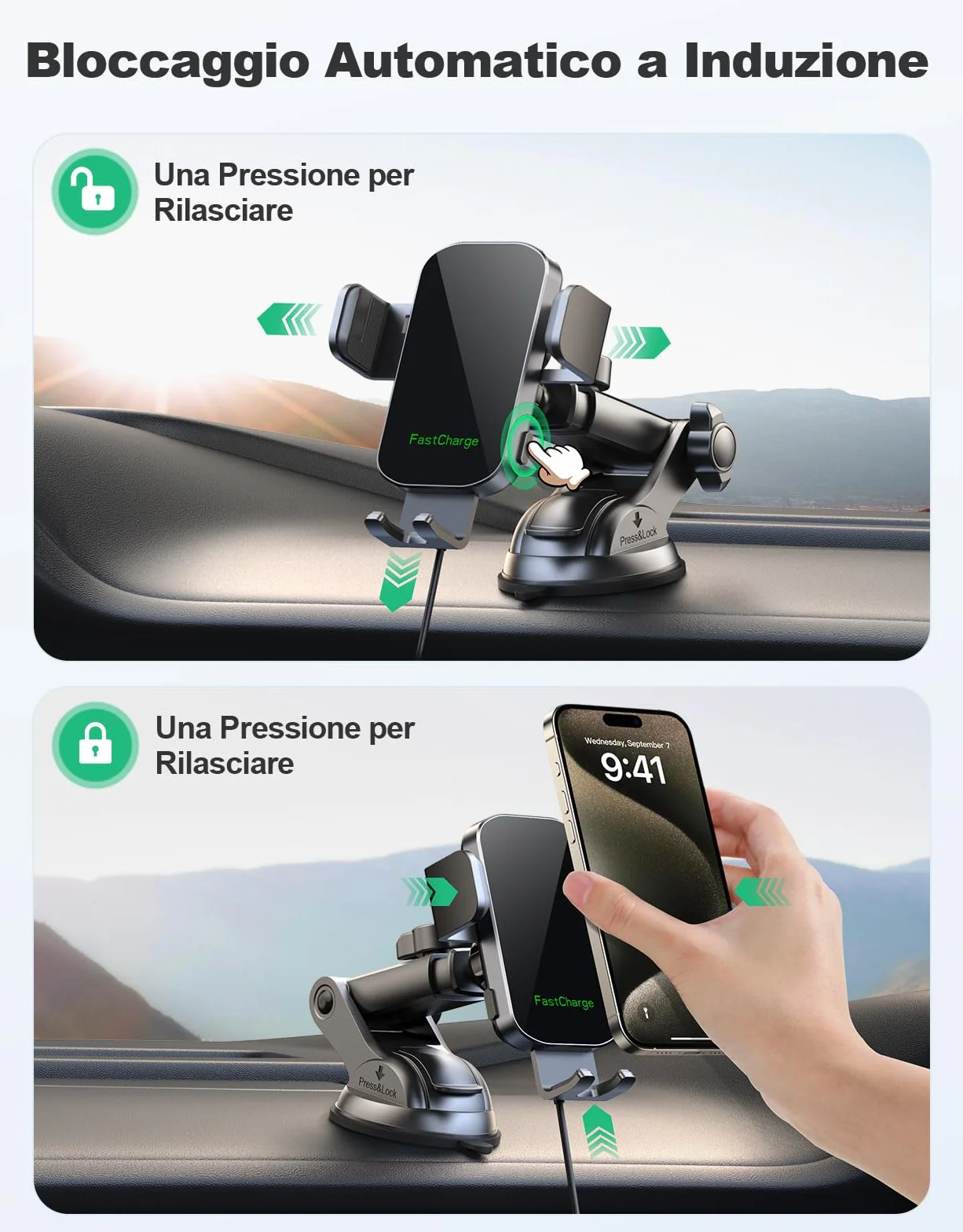 Glangeh 15W Caricatore Wireless Auto, [Ventosa+Clip+QC3.0] Automatico-Bloccaggio Ricarica Wireless Auto, Porta Cellulare Veicolo Ricarica Senza Fili Compatibile con iPhone 17 Pro Max/17 Plus/16 Pro/15