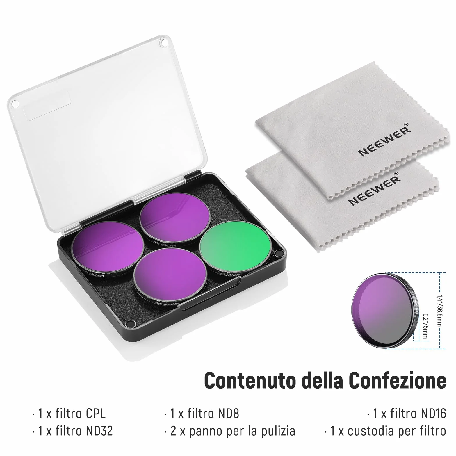 NEEWER Set di Filtro ND Compatibile con DJI Osmo Action 5 Pro/4/3, 4 Pezzi, Filtri ND8/ND16/ND32/CPL in Vetro Ottico HD Multistrato a Scatto, Accessori per Obiettivi Action Camera con 2x Panni Pulizia