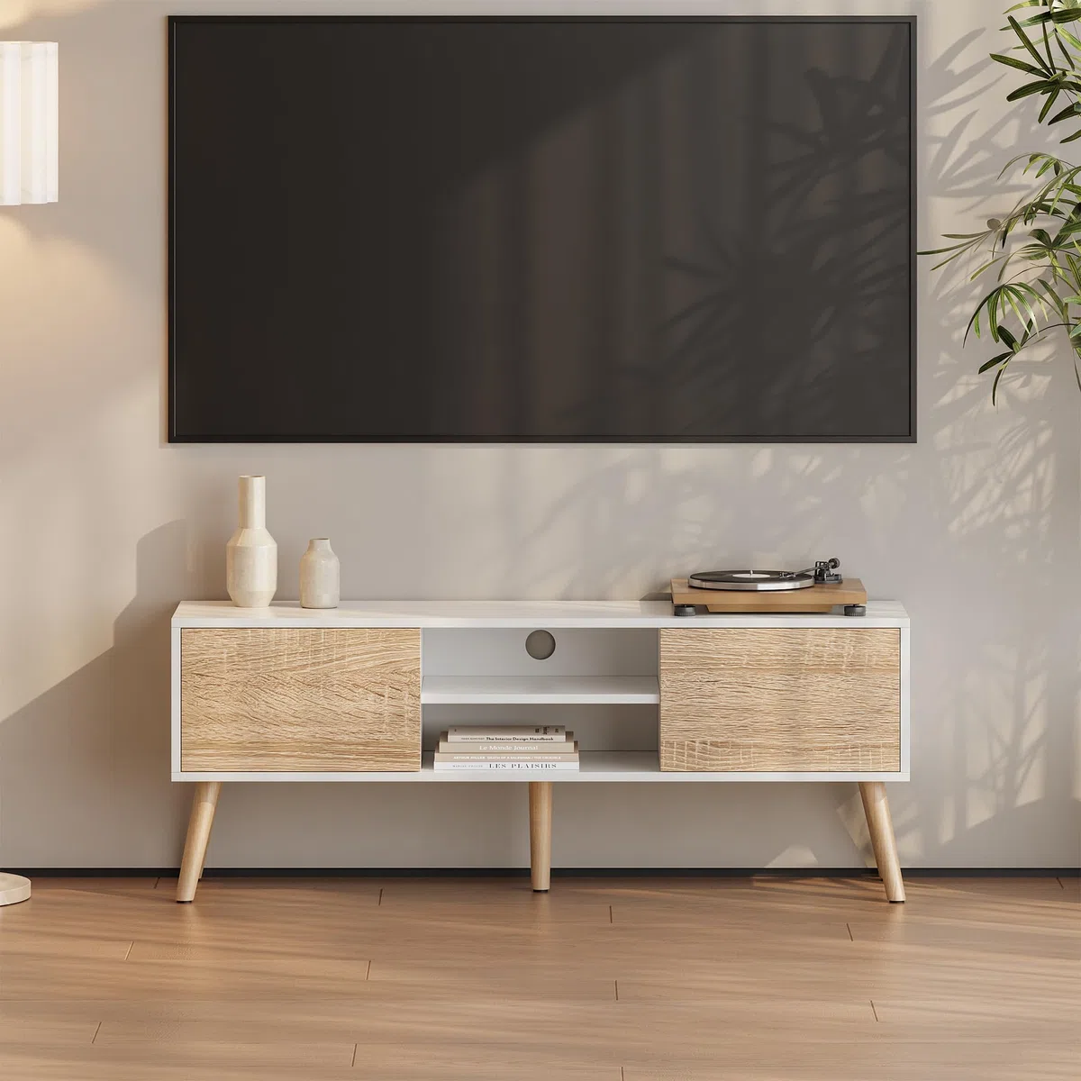 [en.casa] Mobile Porta TV a 2 Ante e Ripiani Aperti Supporto Televisore con Scomparti Chiusi Tavolo Basso Contenitore per Soggiorno Studio Corridoio 120x30x47 cm - Bianco/Effetto Rovere