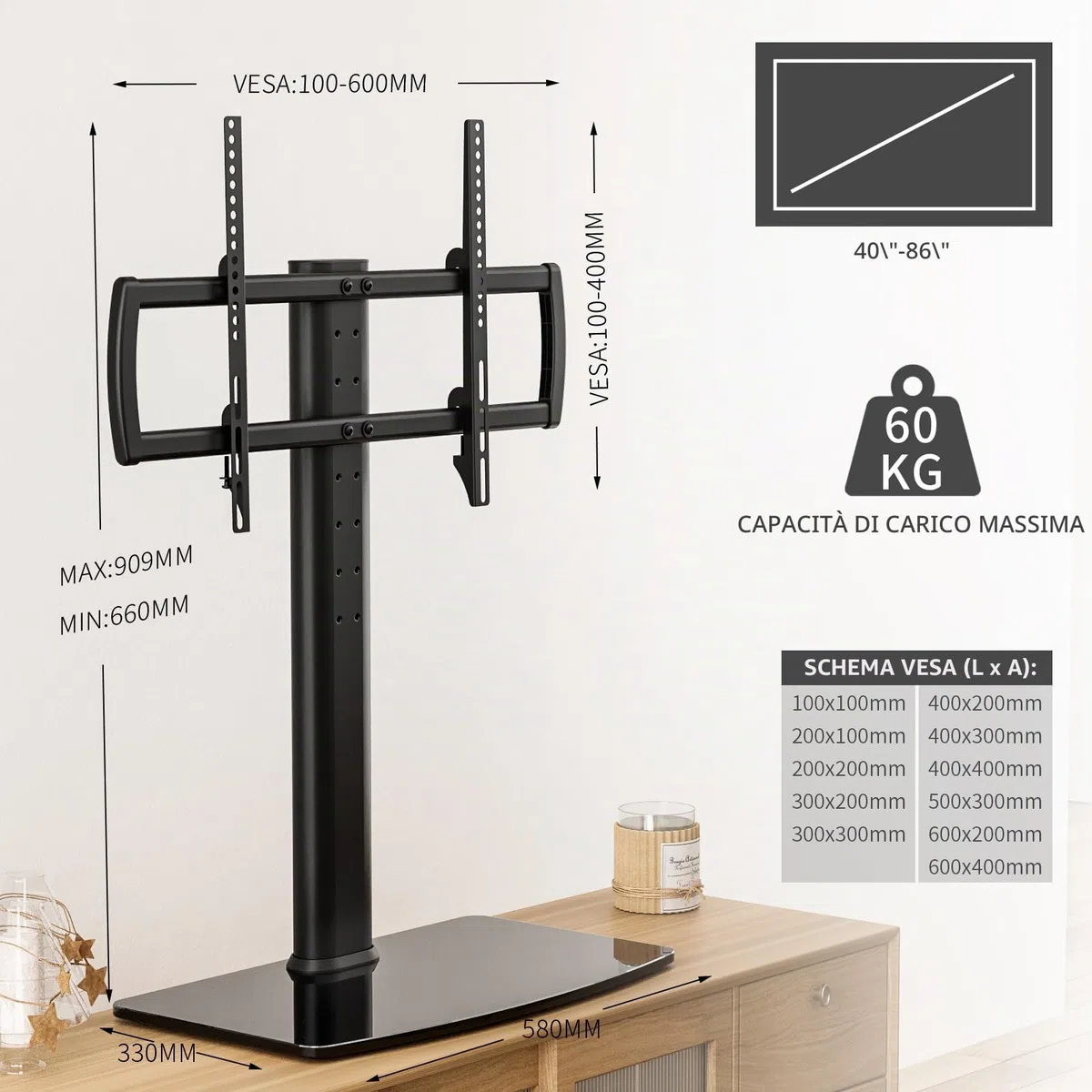 Hemudu Supporto TV da Tavolo, Piedistallo TV Universale per 40 a 86 pollici, Staffa TV Regolabile in Altezza a 5 livelli, Base in Vetro Temperato ad Alta Resistenza, MAX 60 kg, VESA Massimo 600x400 mm