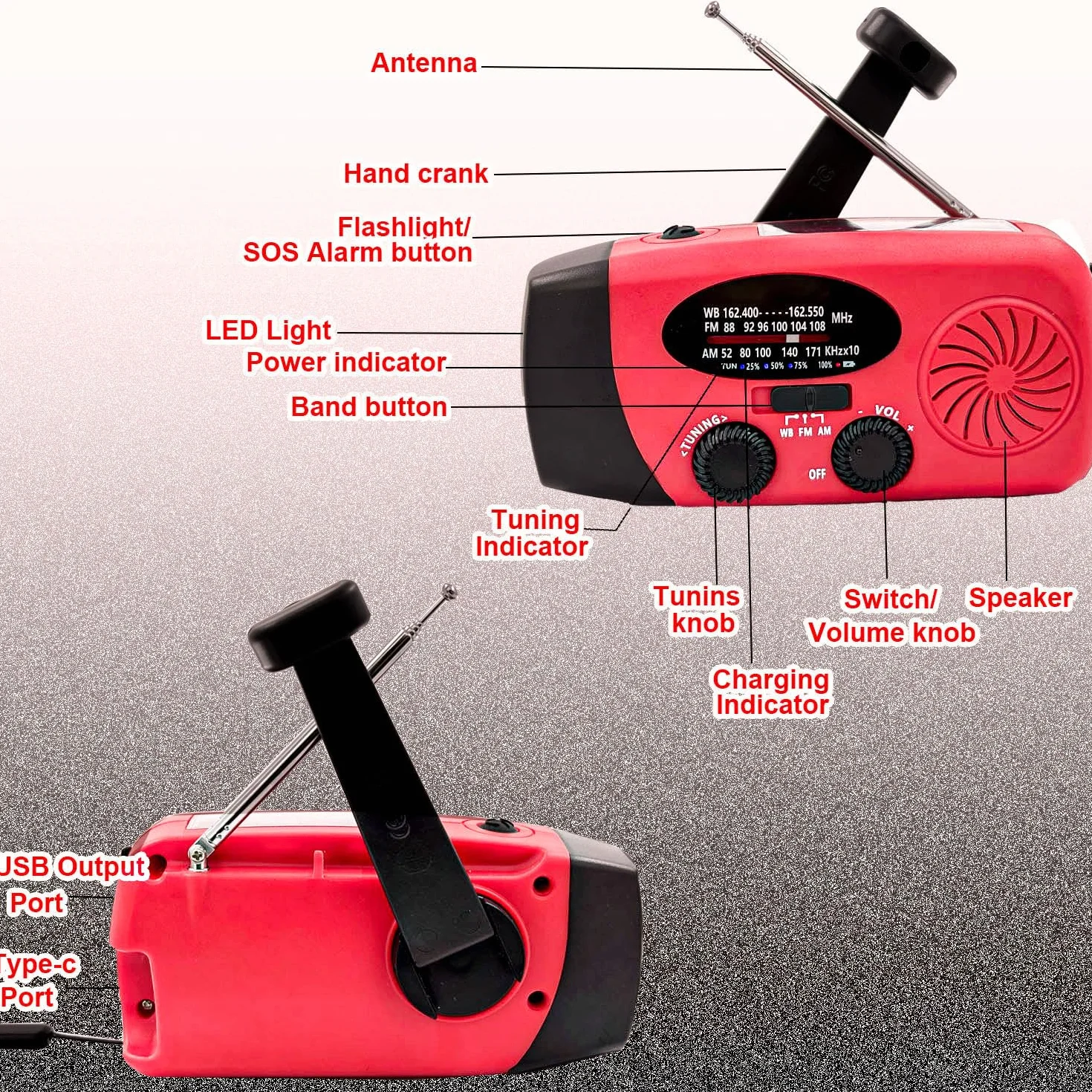 Radio di Emergenza Portatile 2000 mAh con Pannello Solare SOS, AM/FM/NOAA WB, Torcia a Manovella