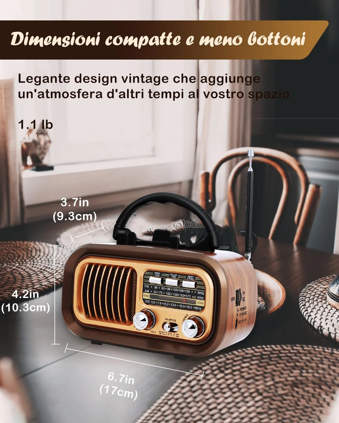 Radio Portatile Vintage AM/FM/SW Bluetooth Ricaricabile 1200 mAh USB TF Card TWS