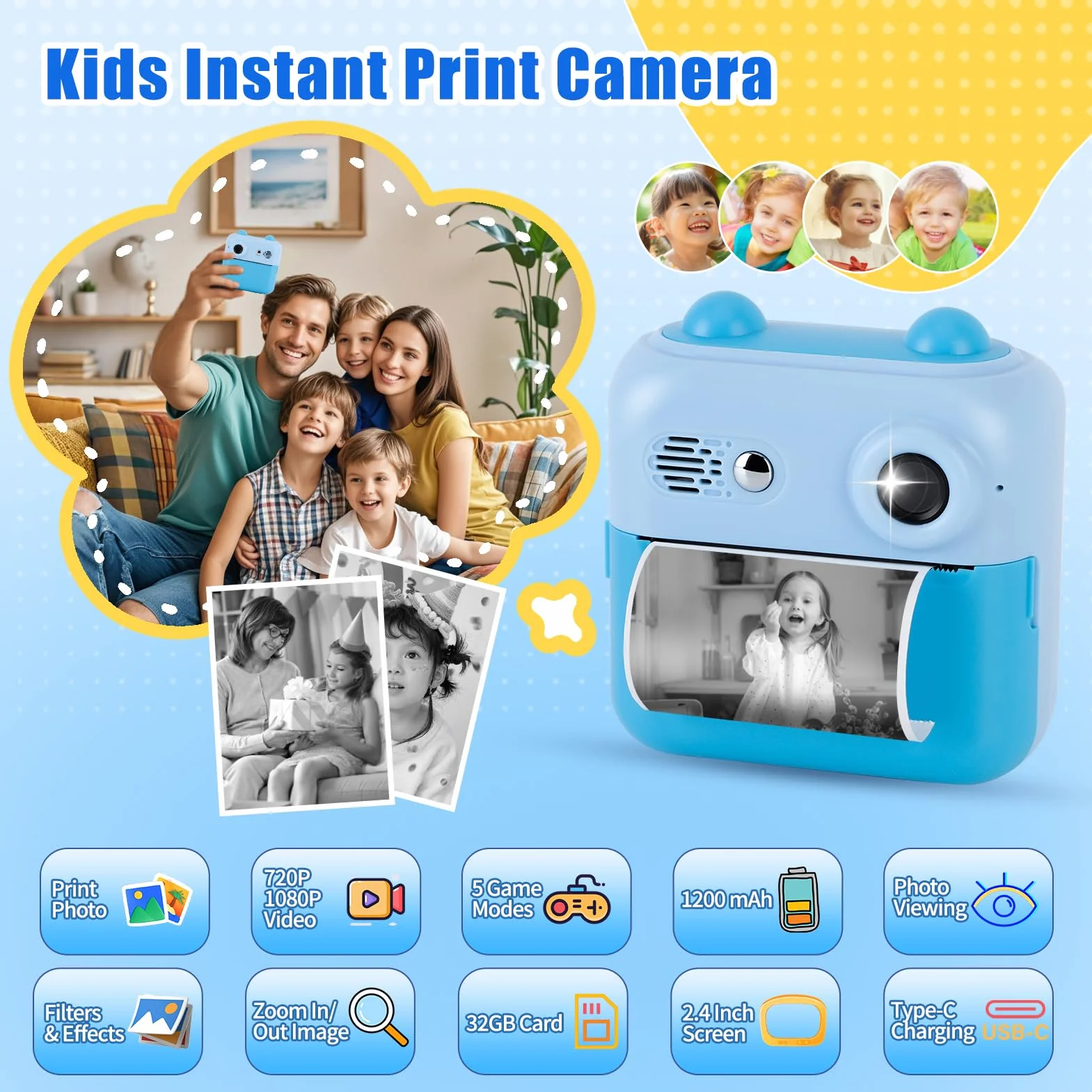 Gugxiom Kids Camera Instant Print, Fotocamera Digitale per Bambini con Scheda SD da 32 GB e 3 Rotoli Di Carta per Stampante, Fotocamera per Bambini per Ragazzi e Ragazze (blu)