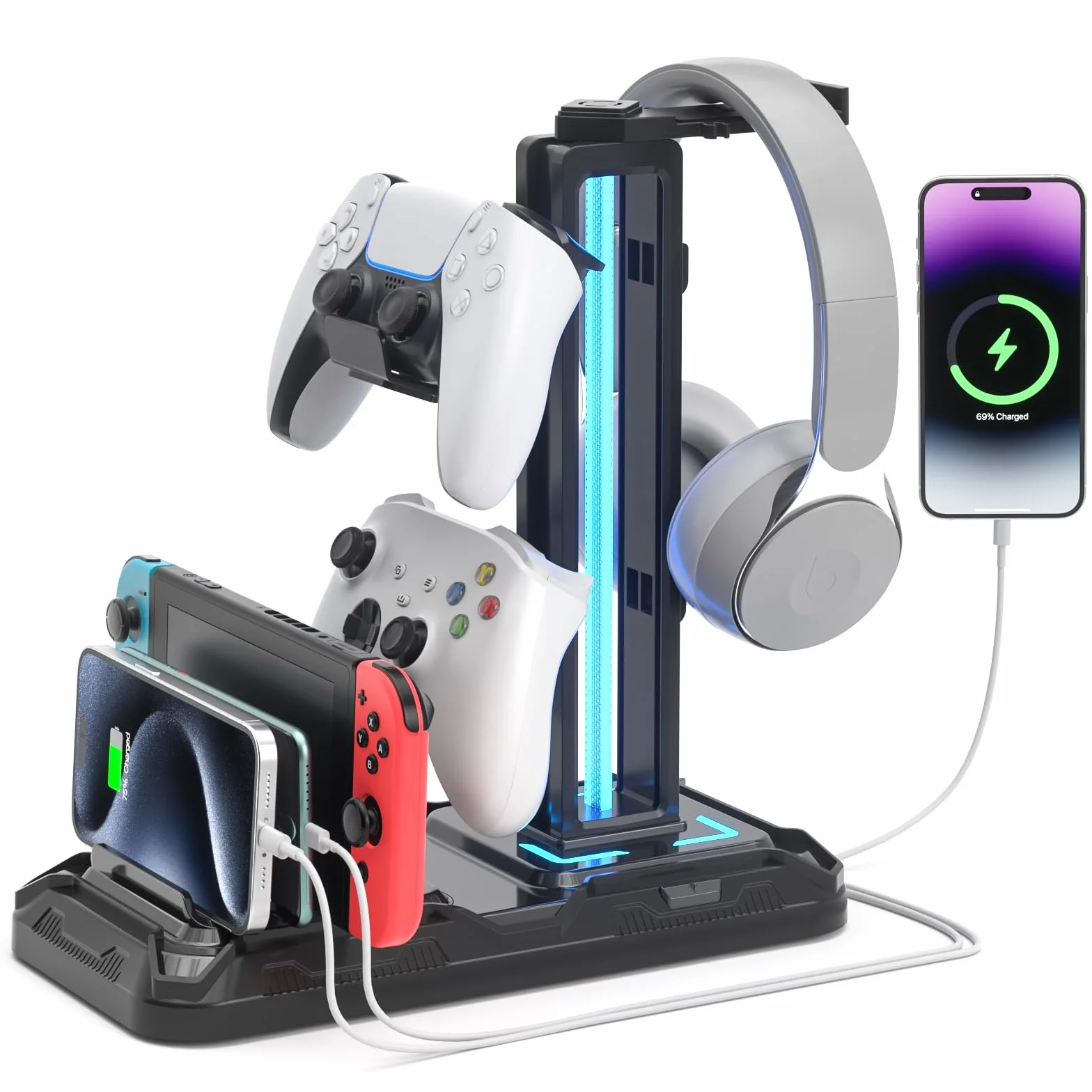KDD Porta Cuffie da Scrivania con Supporto Telefono, Stand Cuffie Gaming Nero, Porta Controller Staccabile 9 Modalità Illuminazione, USB