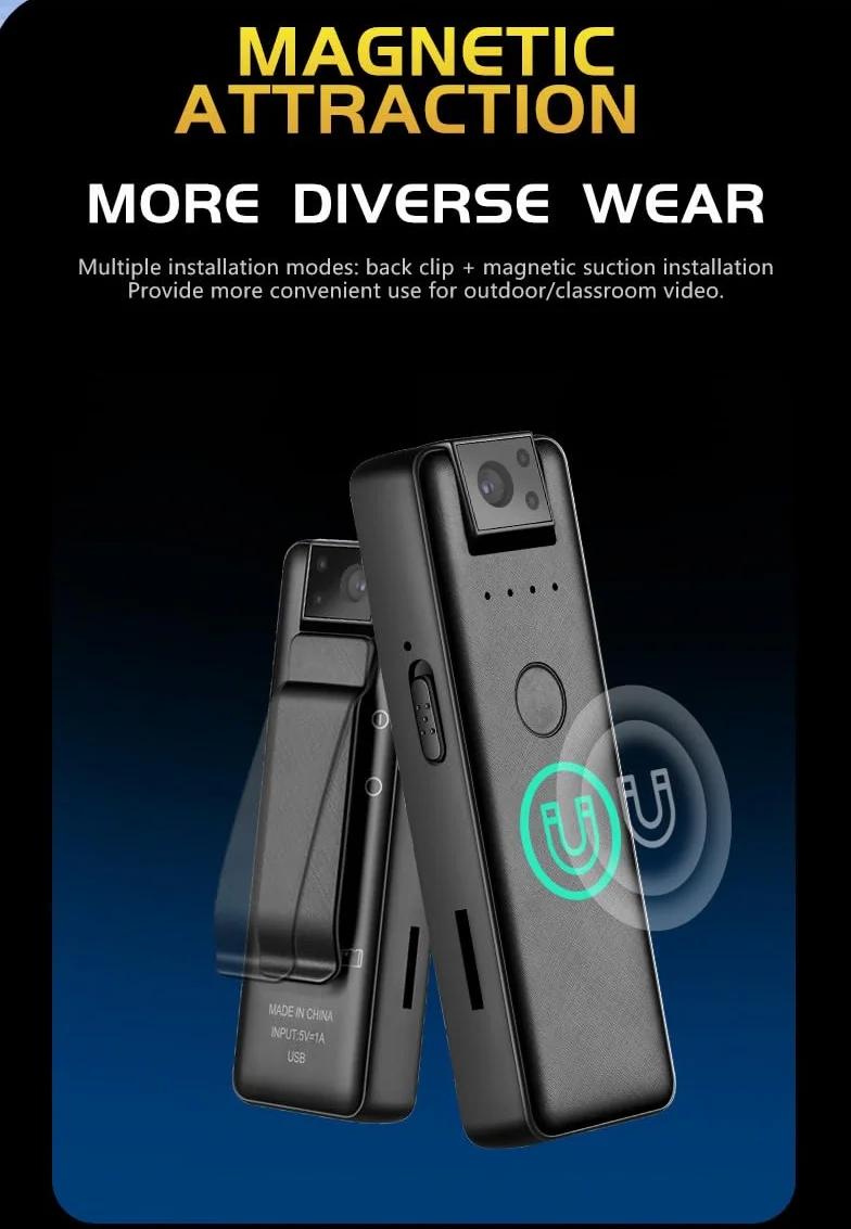 Mini Portatile Body Telecamera – Full HD 1080P Cam - Registrazione Audio Lossless 256Kbps - Visualizzazione Del Livello Della Batteria - Registratori Magnetici/Clip-on - Ricarica Rapida Type-C