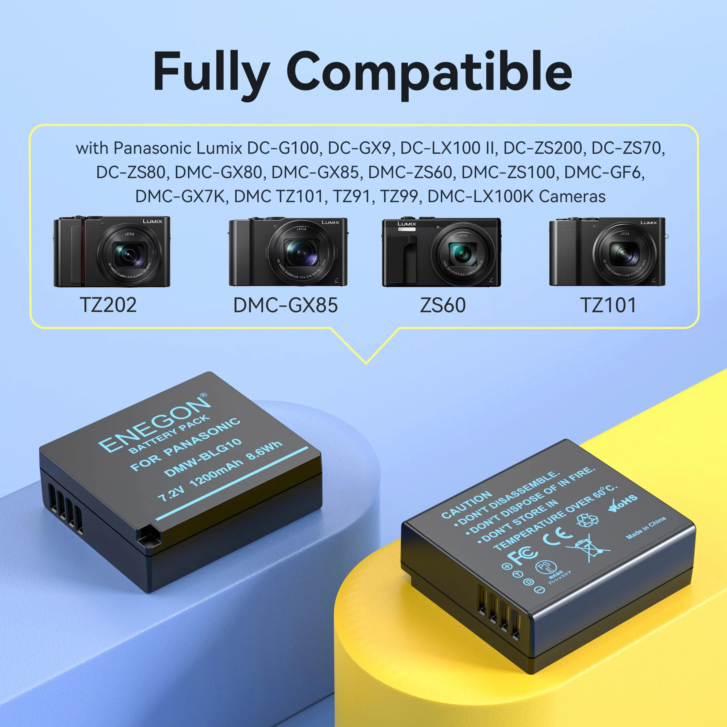 ENEGON Pack da 2 DMW-BLE9 DMW-BLG10 1200mAh Batteria e caricabatteria, cavo USB-C e display LCD, per Panasonic Lumix DC-LX100 II, TZ202, TZ101, TZ99, TZ91, TZ81, DMC-GX7, DMC-GX9, DMC-GX80, DMC-GX85