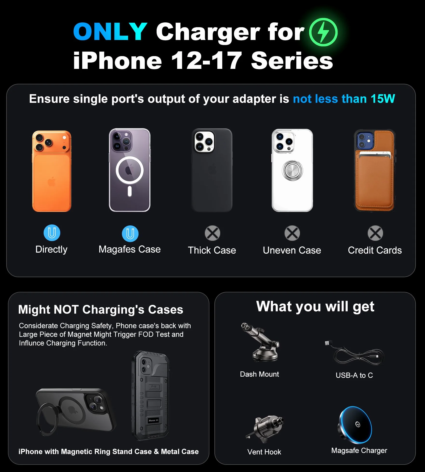 Caricatore Auto Magsafe con【Luce LED】per L'allineamento Notturno Supporto Telefono Auto Magnetico, per il Parabrezza Cruscotto Prese d'aria, per i-Phone 17 16 15 14 13 12 Serie