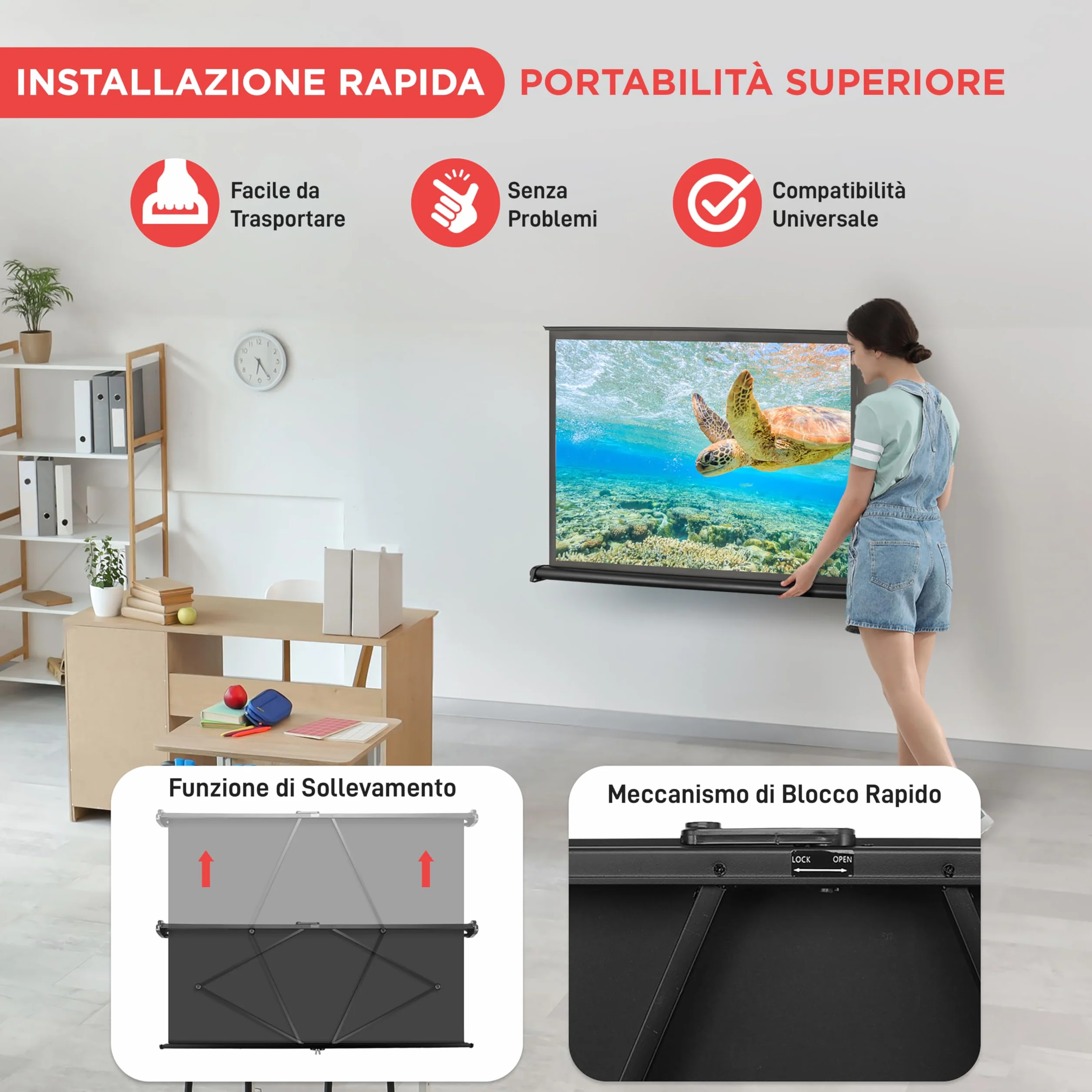Pyle Telo Proiettore Portatile, Schermo Proiettore Mobile 102 cm con Supporto, Leggero e Durevole, Sistema Facile da Estrarre per Scuole, Riunioni e Uso Interno/Esterno, Nero