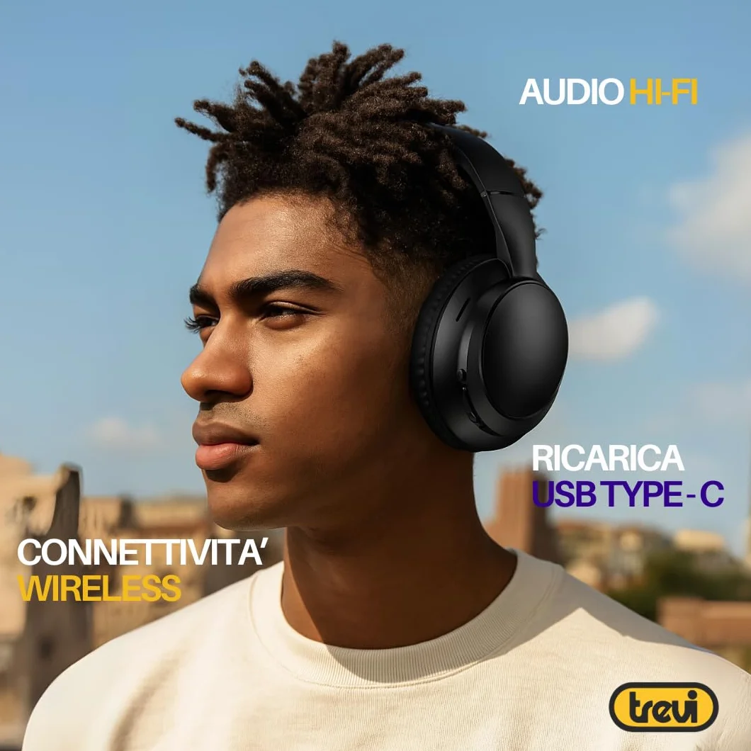 Trevi DJ 12E35 BT Cuffie Wireless Over Ear, Stereo HiFi con Microfono, 8h Autonomia, Comandi su Padiglione, Pieghevoli e Leggere, Compatibili con iOS e Android, per Viaggio, PC, Telefono e Ufficio