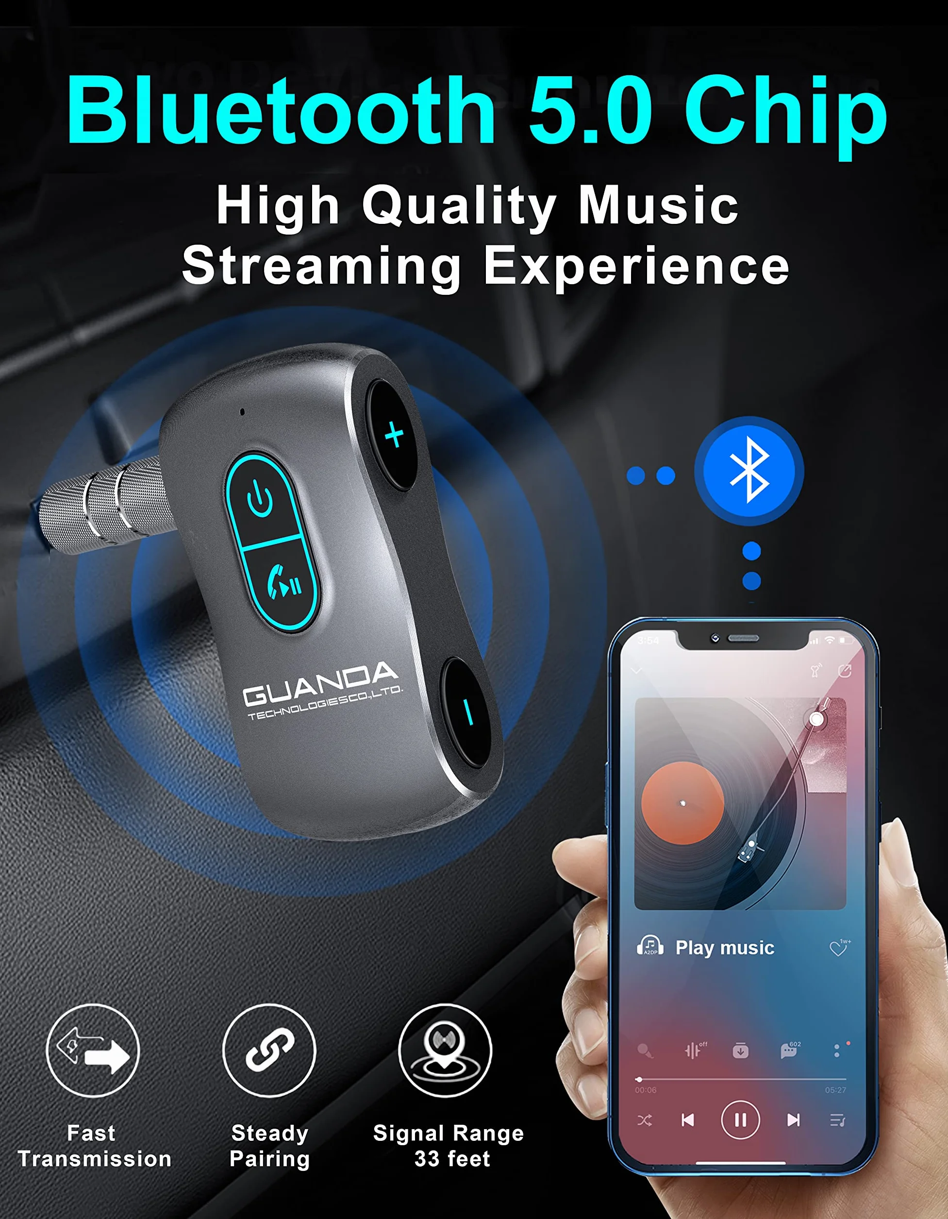 Ricevitore Bluetooth 5.0, adattatore Bluetooth AUX con cancellazione del rumore per autoradio/PC/TV/Stereo domestico/Cuffie cablate/Altoparlante W Slot per scheda Micro SD S Chiamate in vivavoce