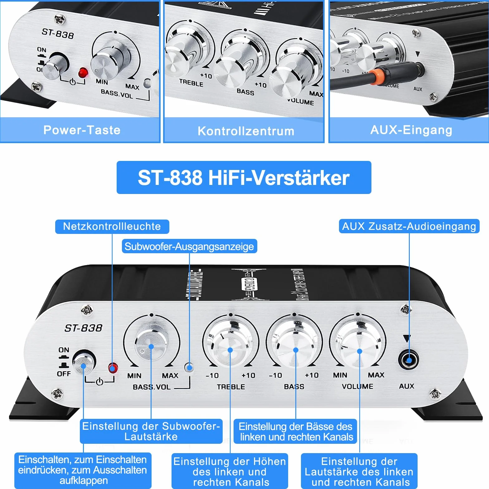 Amplificatore audio HiFi, amplificatore stereo 2.1 CH, RMS 20 Wx2+40 W ST-838 con uscita subwoofer, classe D mini amplificatore digitale con AUX per casa, altoparlante auto, nero (con adattatore di