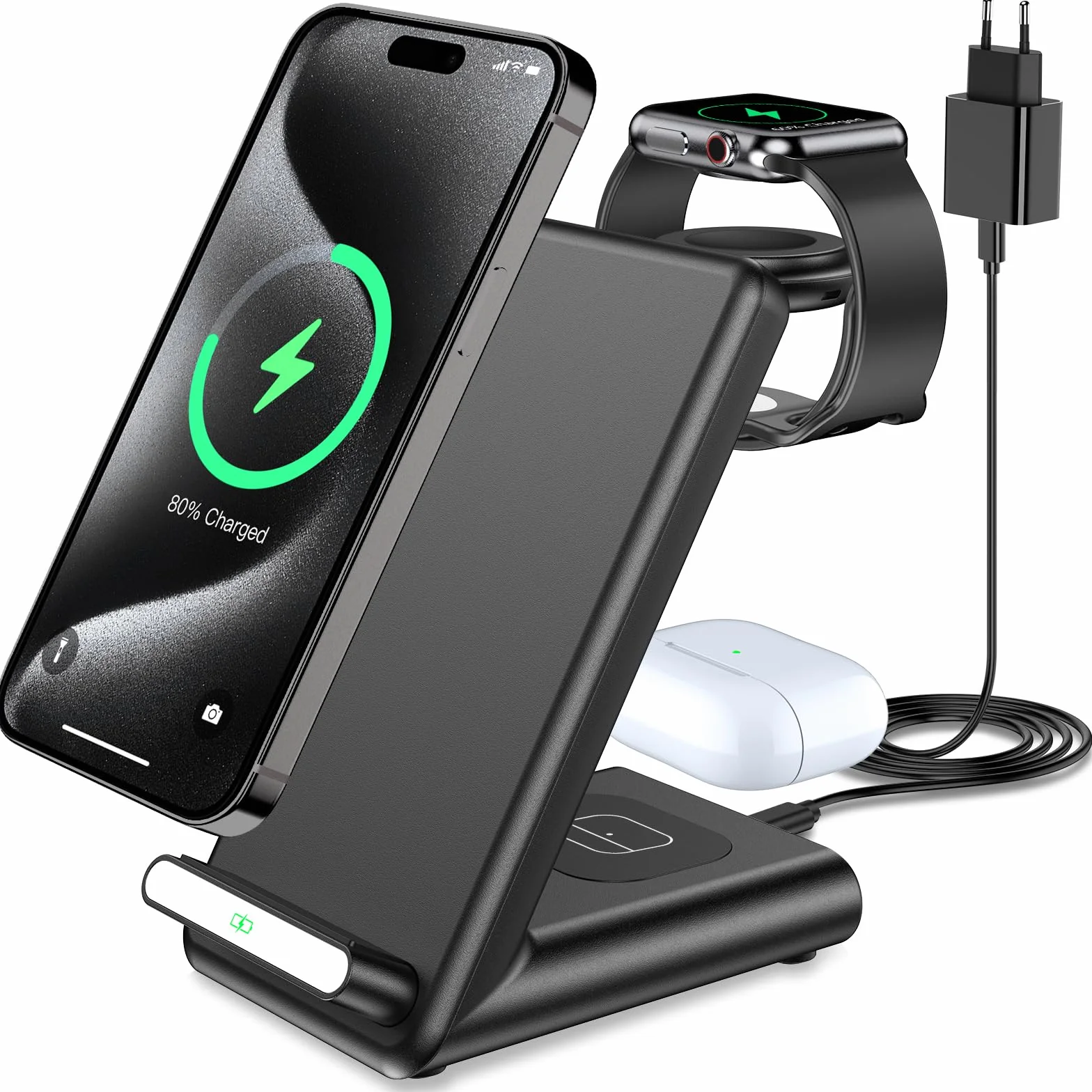 Caricatore wireless 3 in 1, Supporto di Ricarica per iPhone 17 16 Pro Max/17 Air/16e/15 14 13 12 11 Serie/XS/8, Stazione di Ricarica Wireless per Apple Watch Ultra 11 10 9 8 7 6 SE 5 4, Air Pods Pro 3