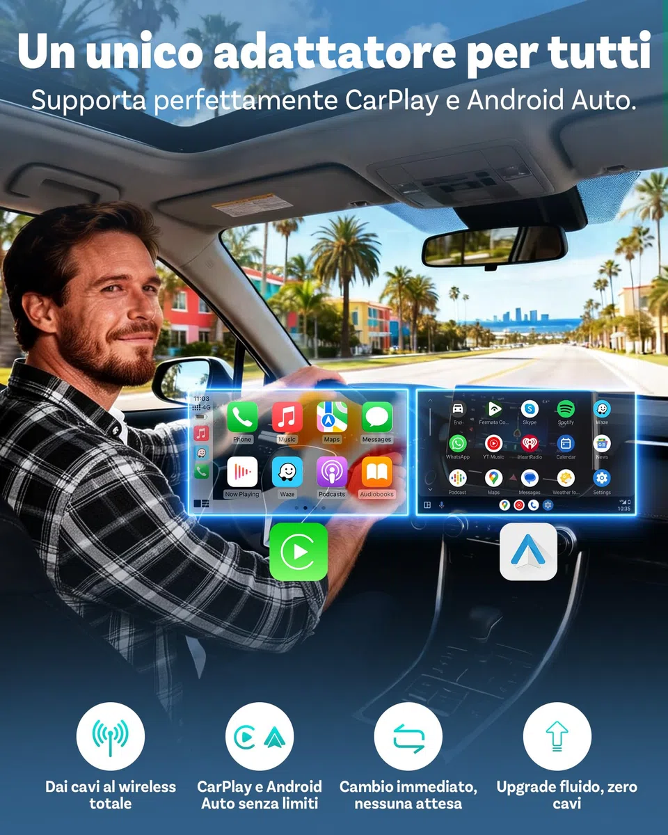 OTTOCAST Mini Pico Adattatore Wireless CarPlay e Android Auto, Trasforma CarPlay cablato in wireless, Passaggio con un tocco tra 2 telefoni, Riconnessione automatica rapida, WiFi 6, Bluetooth 5.4