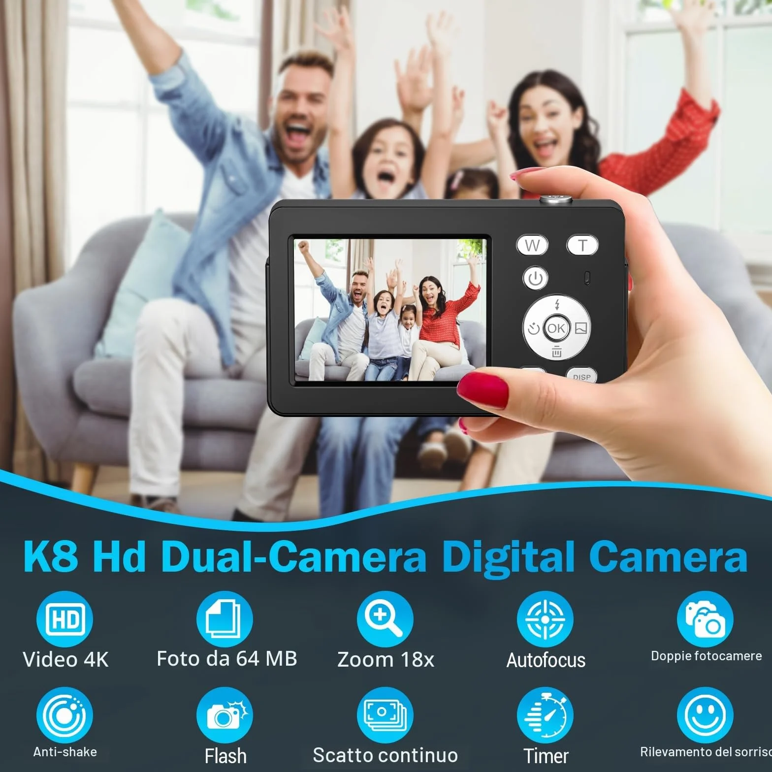 Macchina Fotografica Digitale, Fotocamera Digitale Compatta 4K 64MP, Scheda da 32 GB, Anti-vibrazione, Zoom 18X, Videocamera per Vlogging per Adolescenti, Principianti, Adult (Nero)