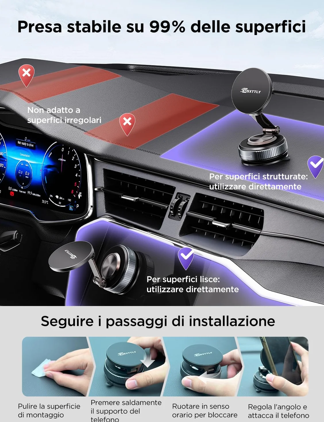 MSXTTLY Supporto Telefono Auto, Vmag-S2 2026 Supporto Magnetico a Vuoto, Forte Aspirazione, Rotazione 360°, Compatibile con iPhone 17-12 Pro MAX e Android Nero