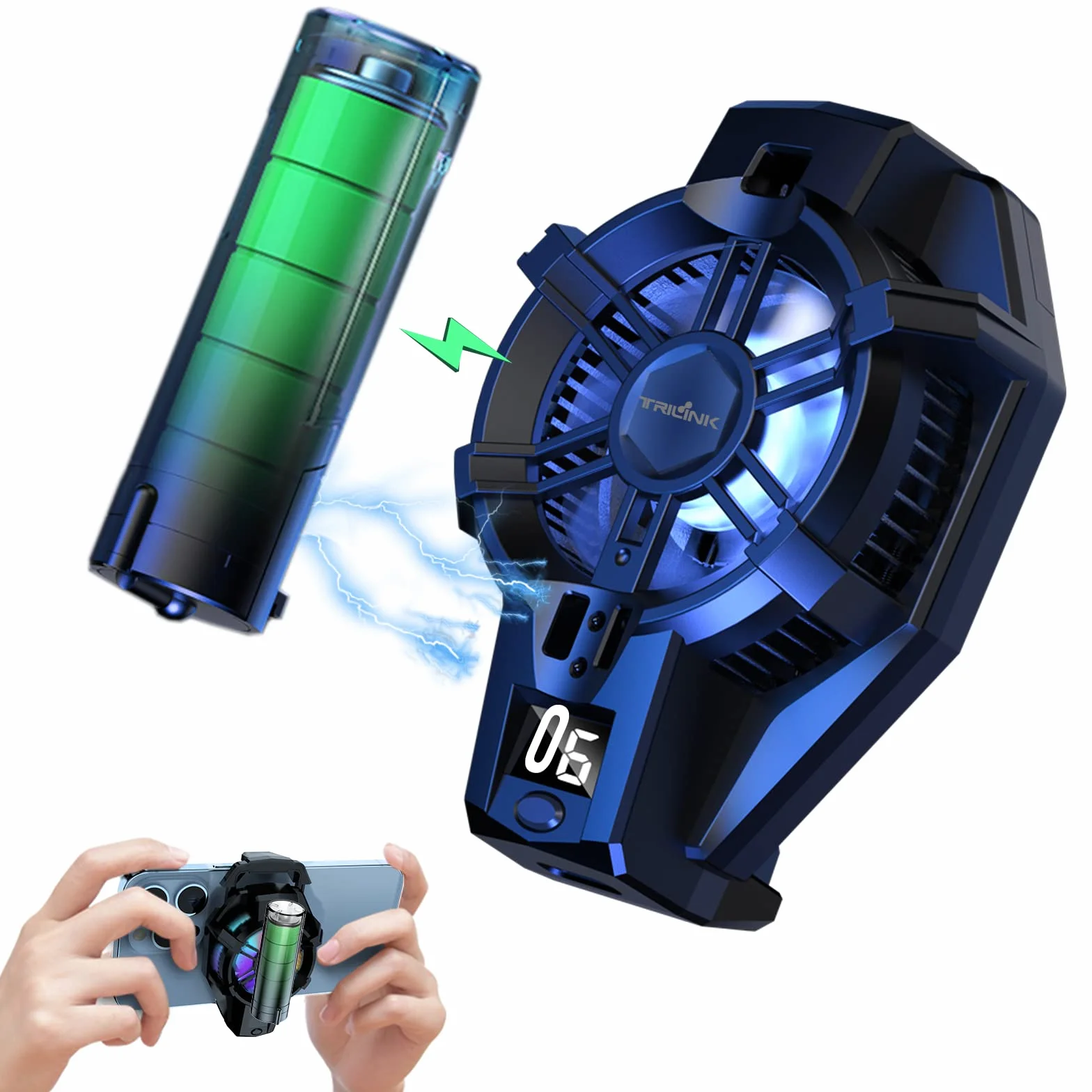 TRILINK Raffreddamento Telefono con Batteria Ricaricabile, Ventola per Gaming Adatto a Tutti i Tipi di iPhone, Smartphone Android, Radiatore per Cellulare con LED RGB
