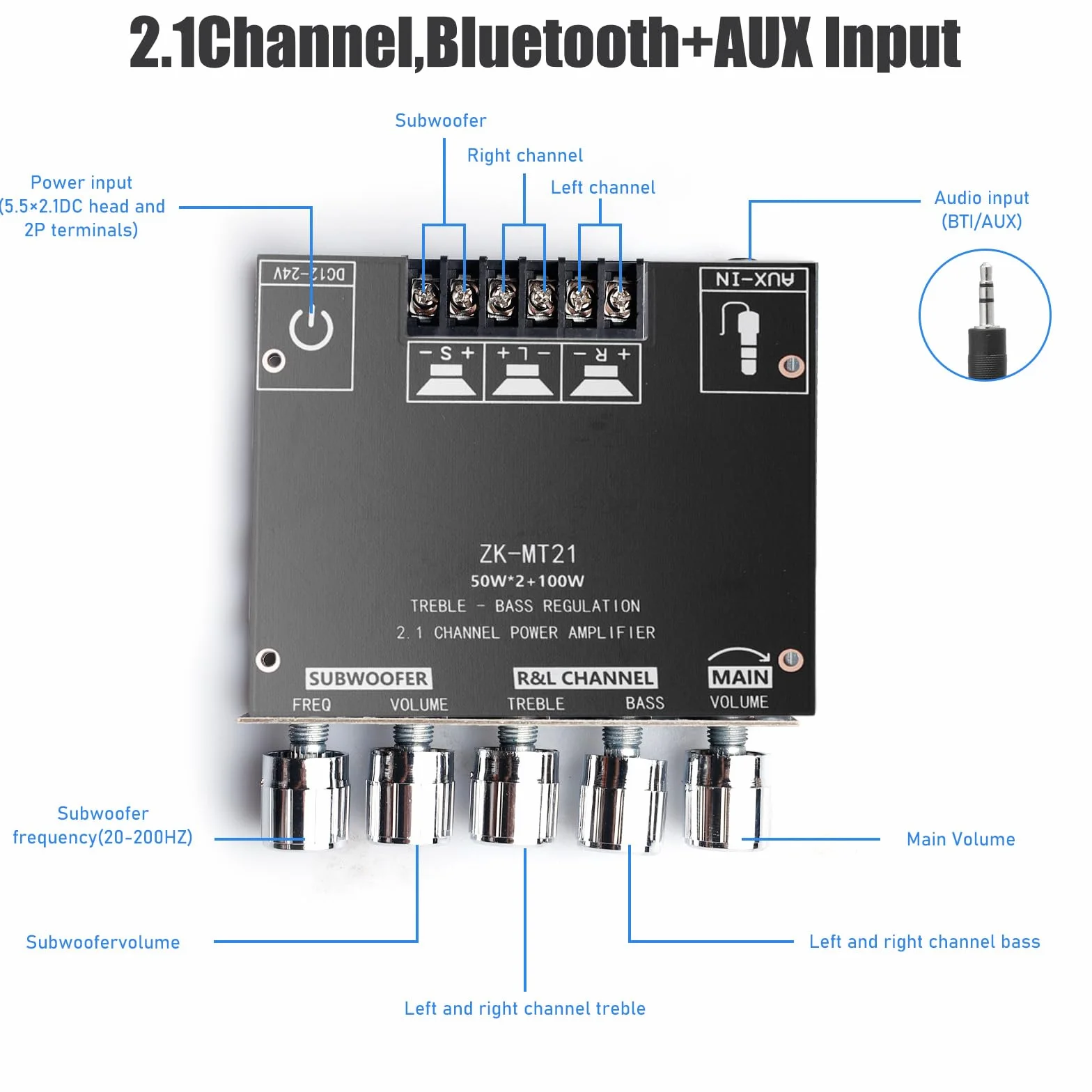 Amplificatore audio HiFi: 2 x 50 W + 100 W subwoofer 2.1 canali, amplificatore scheda con Bluetooth alti e controllo dei bassi, ingressi Bluetooth e AUX, DC 12-24 V per altoparlanti passivi