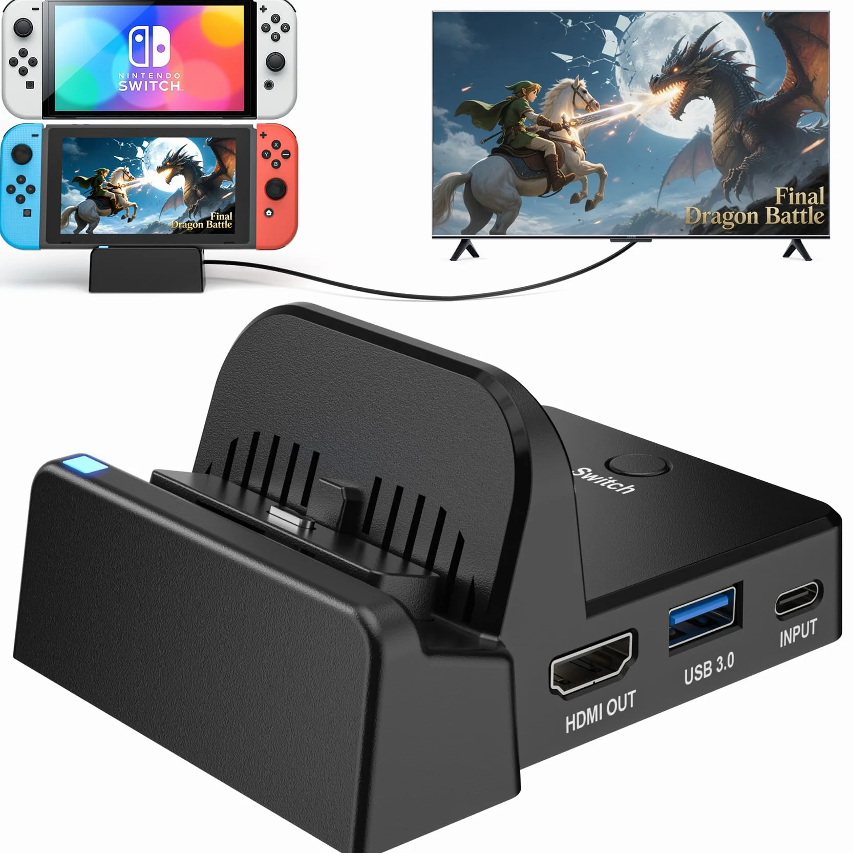 Nintendo Switch Docking Station 4K HDMI Adapter USB 3.0 Type-C Portatile per Switch OLED