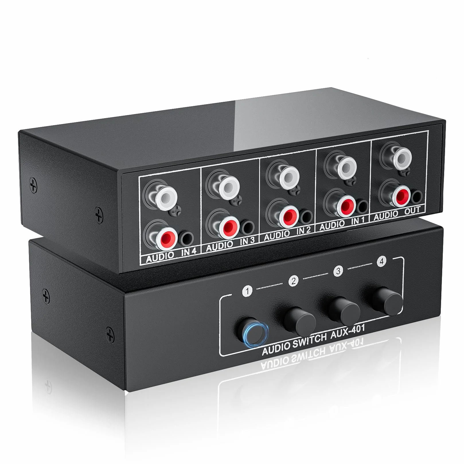 Interruttore audio AUX + RCA L/R da 3,5 mm, 4 in 1 uscita, bidirezionale, selettore audio stereo BolAAzuL 4 x 1 passivo a/b analogico, nessun bisogno di alimentazione