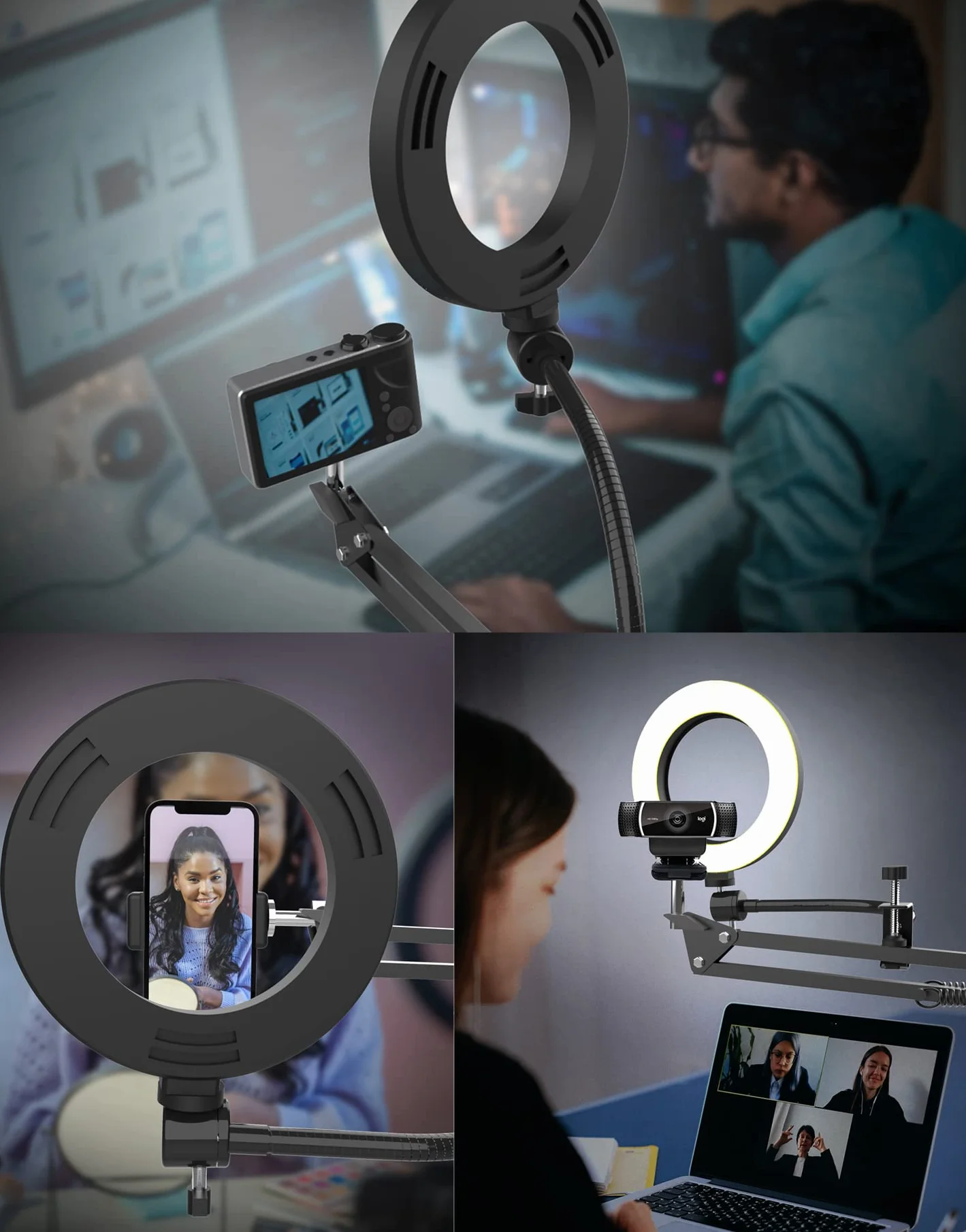 Overhead Treppiede cellulare con luce, braccio flessibile da tavolo con luce, supporto flessibile per fotocamera da tavolo per registrazione video YouTube Live Stream